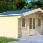 Light wooden cabin with blue roof, double doors and windows, showcasing DSHouse's high-quality garden house construction in Latvia