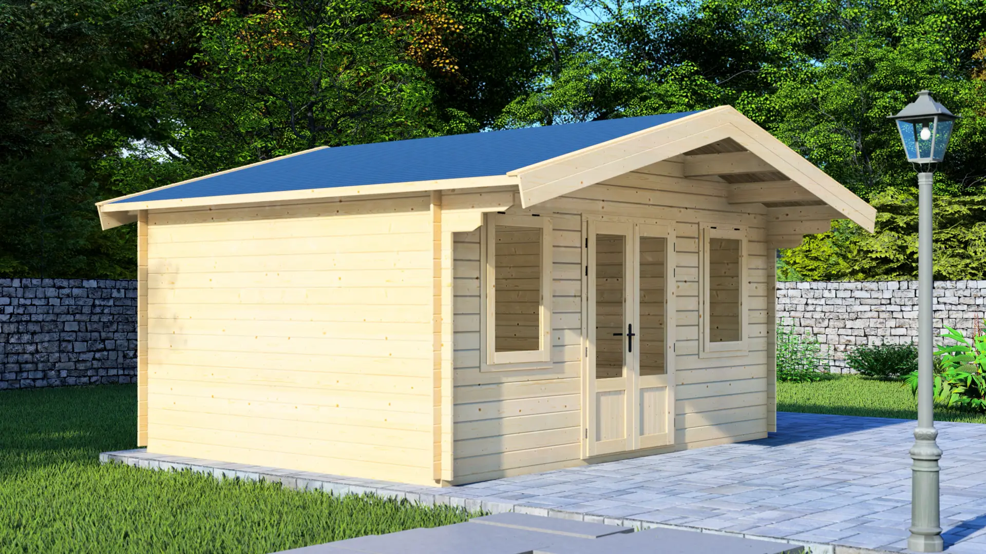 Light wooden cabin with blue roof, double doors and windows, showcasing DSHouse's high-quality garden house construction in Latvia