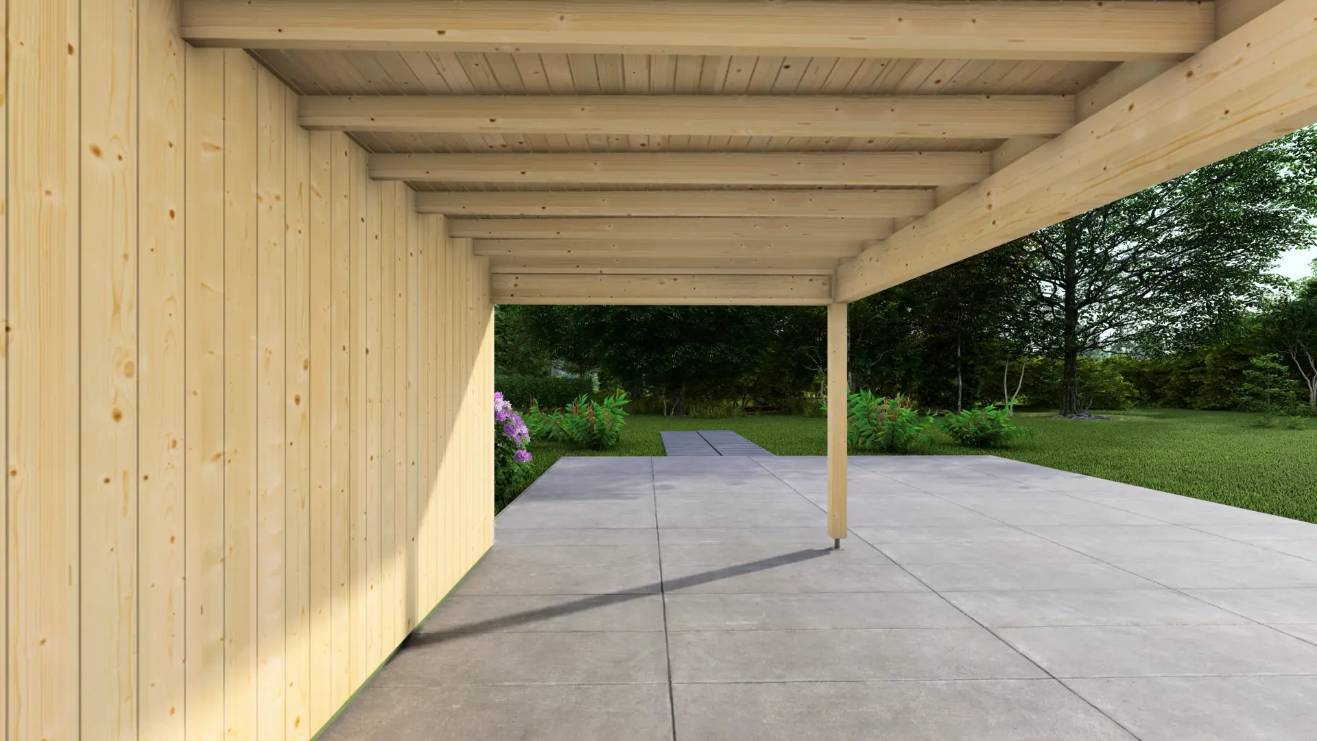 Dārza mājiņa "Frame" 2x3 + nojume 4x3 ar egles apšuvumu Dārza mājiņa "Frame" 2x3 + nojume 4x3 ar minimālistisku koka dizainu, 18 mm vertikālu ziemeļu egles apšuvumu un segtu verandu.