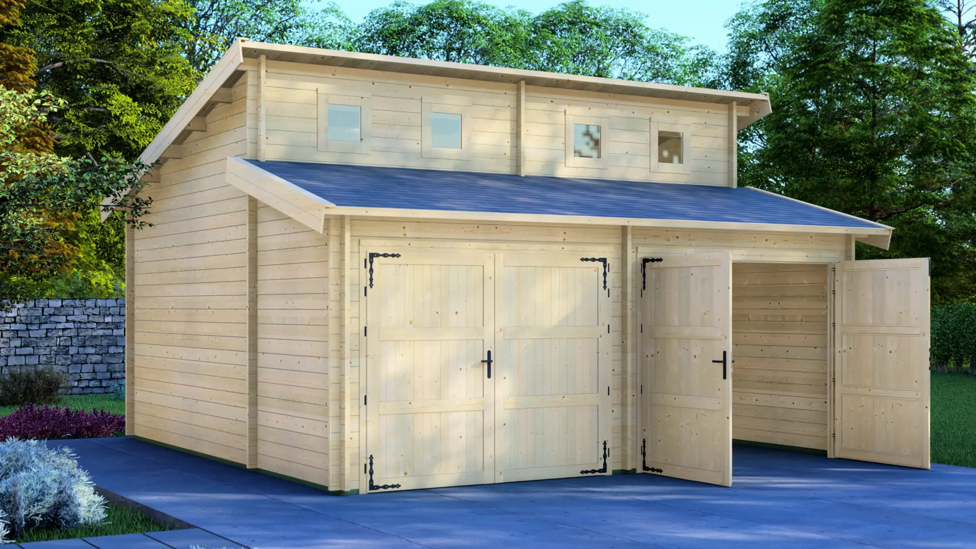 Koka garāža "Active Double" 6x6 - DSHouse kvalitātes koka konstrukcija Koka garāža "Active Double" 6x6 ar paaugstinātu jumtu un augstiem logiem, kas nodrošina dabisku apgaismojumu un ir izgatavota no masīvas 44 mm ziemeļu egles.