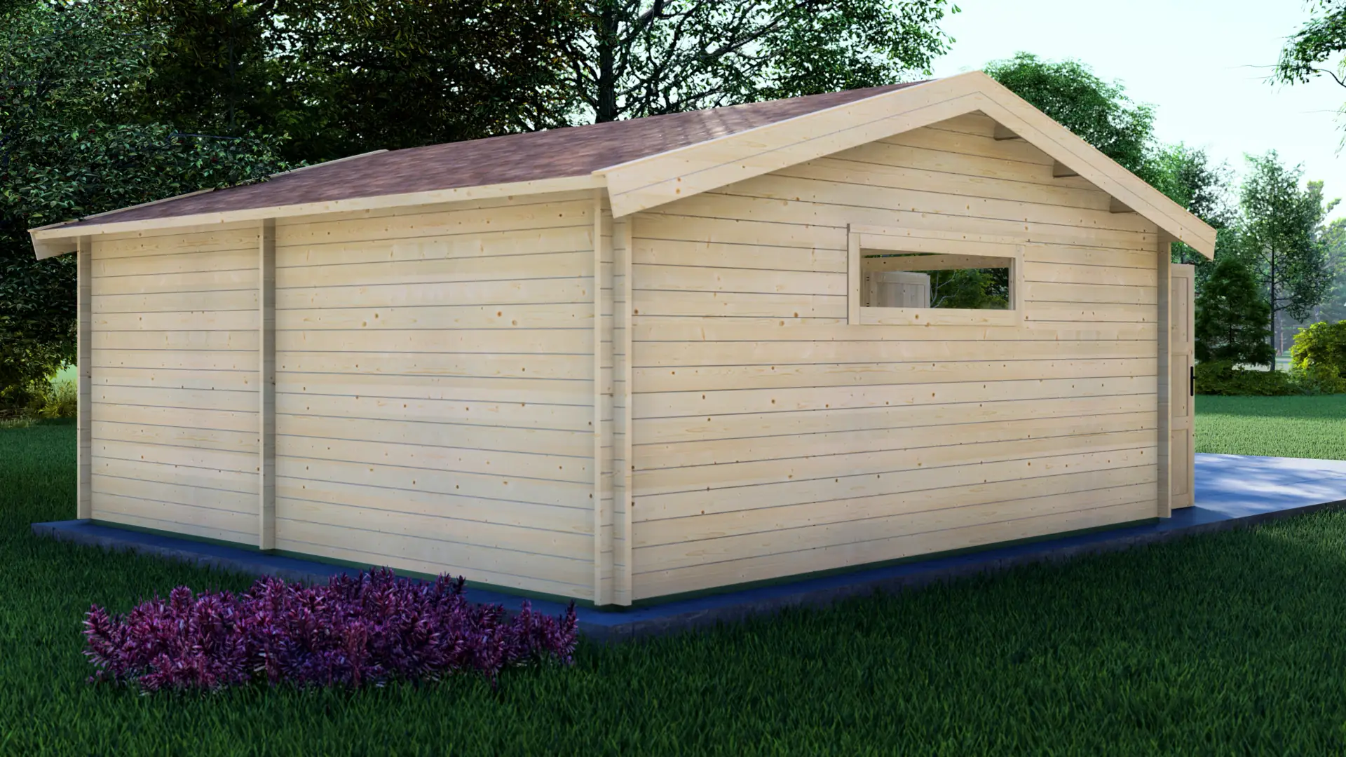 Garāža "Vibrant" 6x6 - priekšējais skats Garāža "Vibrant" 6x6 priekšējais skats ar divslīpju jumtu un gaišo masīvkoka fasādi, izgatavota no 44mm ziemeļu egles ar izmēriem 5,95m × 5,95m.