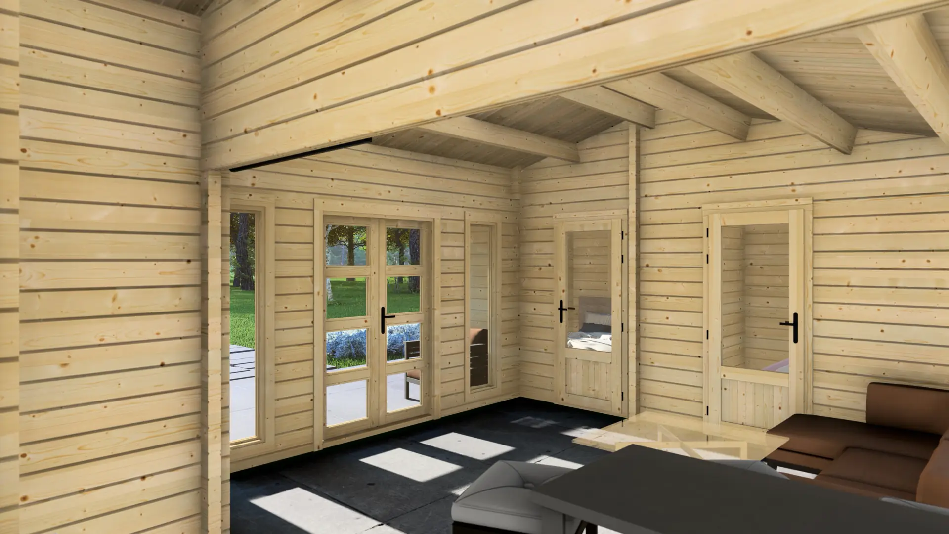 Dārza māja "Hopeful" - 45,2 m² ar četrām telpām un terasi Dārza māja "Hopeful" ar 45,2 m² platību, kas sadalīta četrās telpās un terasi, izgatavota no ziemeļu egles ar 68 mm sienām visu gadu izmantošanai