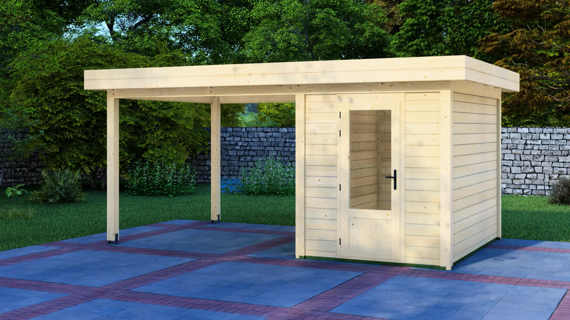 DSHouse dārza mājiņa 2x3m ar nojumi 3x3m - modulāra koka konstrukcija Dārza mājiņa 2x3m ar nojumi 3x3m ir modulāra ziemeļu egles konstrukcija ar horizontālu apšuvumu un plakanu jumtu, kas paplašināma līdz 9m² nojumei.