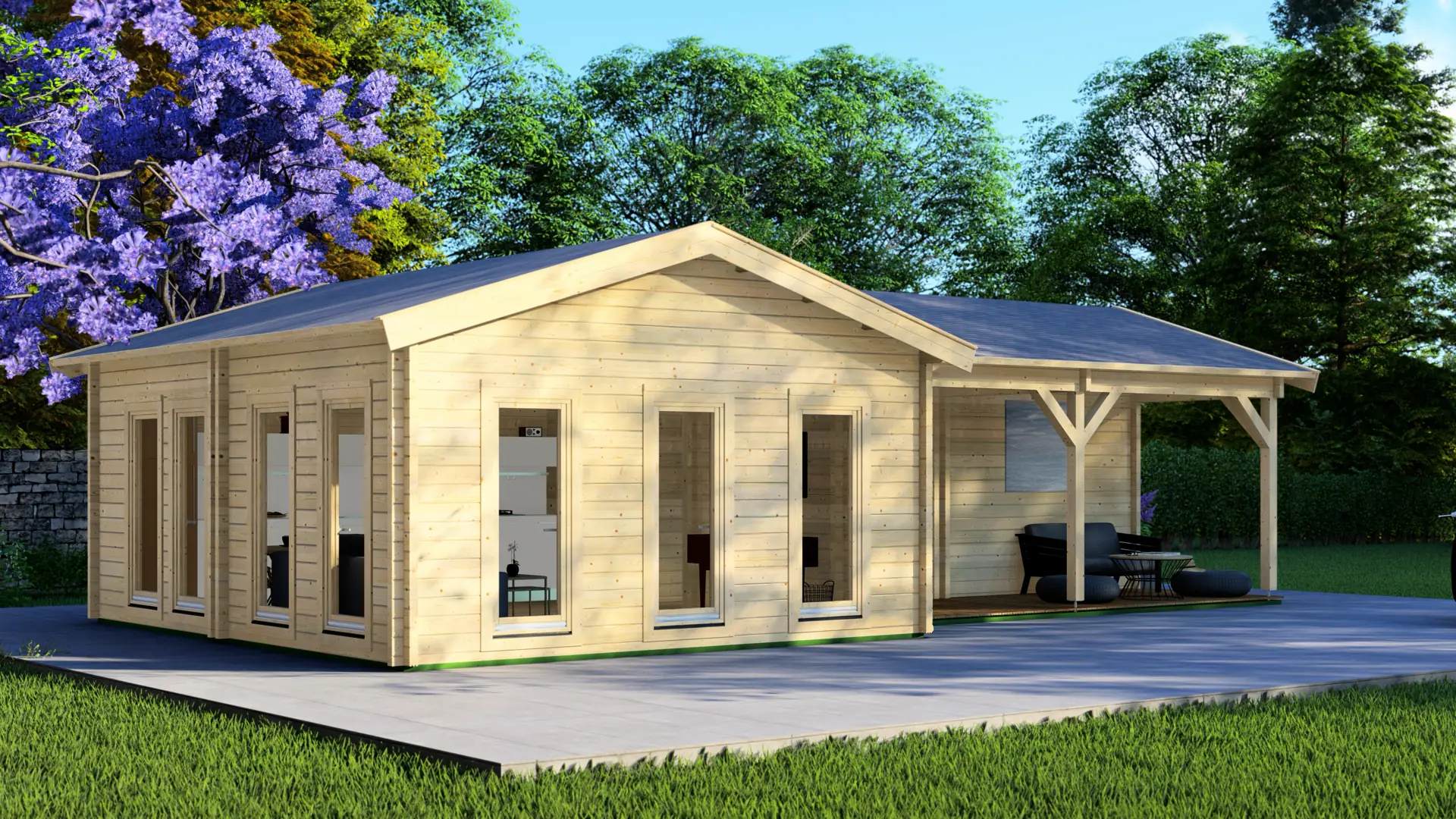 DSHouse dārza māja "Jolly" - 58 m² divslīpju jumta mājiņa ar 68 mm biezām sienām Dārza māja "Jolly" ir 58 m² divslīpju jumta mājiņa ar 46 m² dzīvojamo platību un 12 m² nosegtu terasi, kas būvēta ar 68 mm biezām sienām.