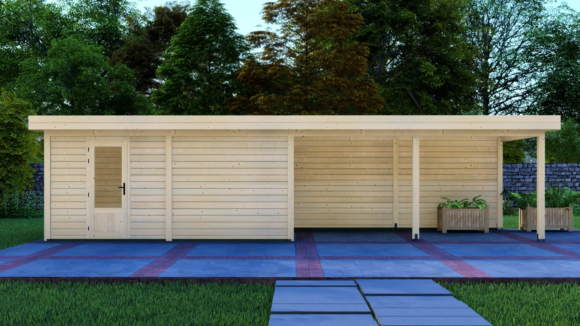 DSHouse dārza mājiņa 5x3m ar nojumi 5x3m - aizmugures skats Dārza mājiņa 5x3m ar nojumi 5x3m aizmugures skats uz modulāro ziemeļu egles konstrukciju ar horizontālu apšuvumu un plakanu jumtu.