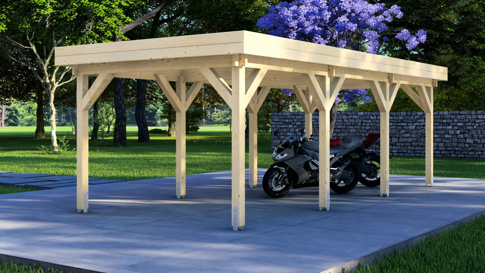Koka nojume "Classic" 7×3 ar plakanu jumtu - DSHouse kvalitātes koka konstrukcija Koka nojume "Classic" 7×3 ar plakanu jumtu, kas parāda kompaktu āra nojumu no augstas kvalitātes ziemeļu egles, piemērotu automašīnu, motociklu vai aprīkojuma aizsardzībai.