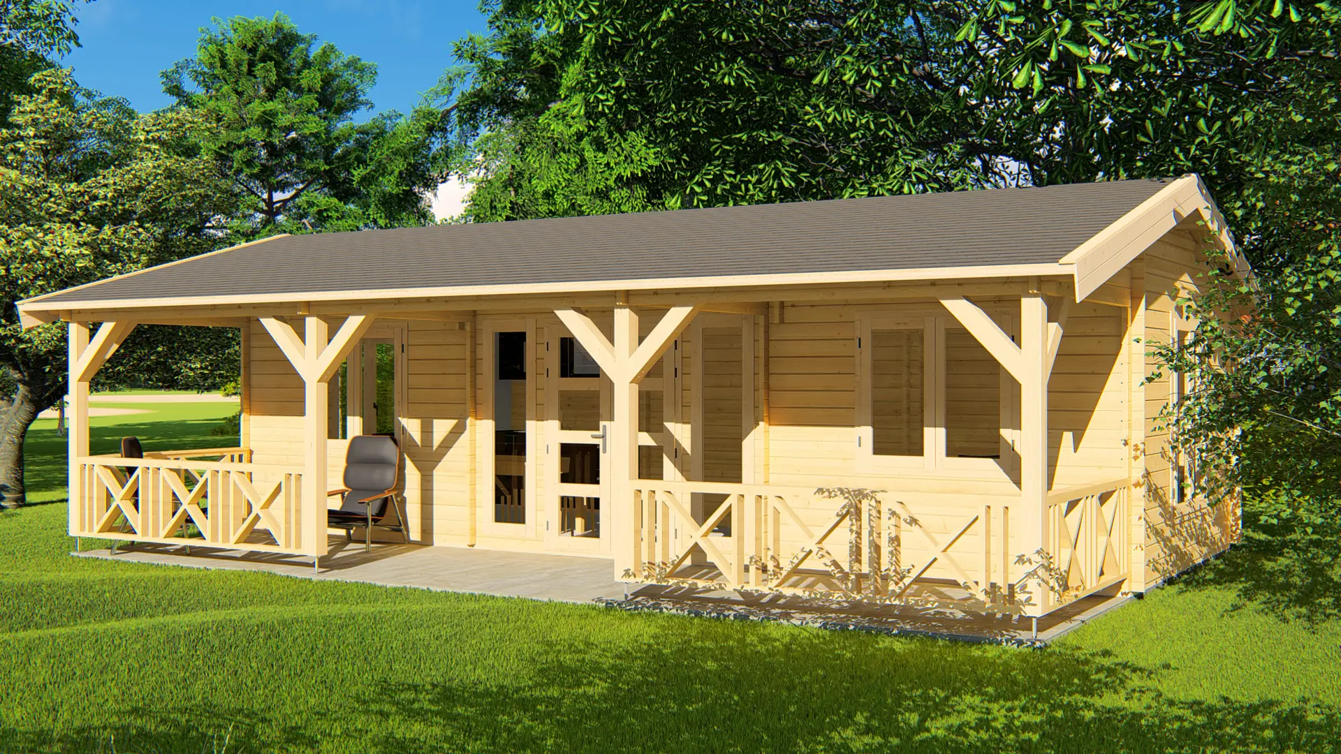 Dārza māja "Glorious" - 53 m² koka āra konstrukcija ar terasi Dārza māja "Glorious" ir plaša 53 m² koka konstrukcija ar 18,2 m² lielu terasi, kas izgatavota no ziemeļu egles ar divslīpju jumtu.