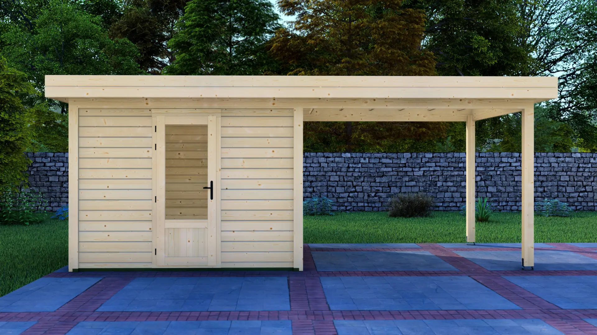DSHouse dārza mājiņa 3x3m ar nojumi 3x3m - fronta skats Dārza mājiņa 3x3m ar nojumi 3x3m - modulāra ziemeļu egles konstrukcija ar horizontālu apšuvumu un plakanu jumtu, kas paplašinās veidojot nojumi.