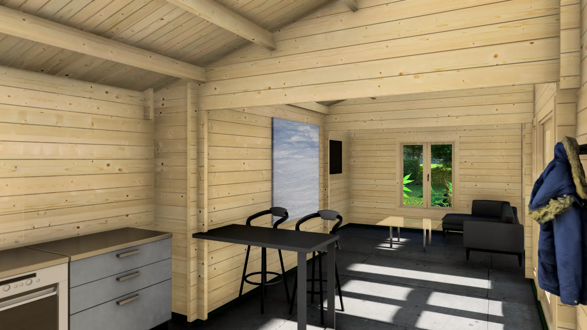 Dārza māja "Glorious" - 53 m² koka āra konstrukcija ar terasi Dārza māja "Glorious" ar plašu terasi un divslīpju jumtu, izgatavota no ziemeļu egles ar sešiem logiem bagātīgam dabiskajam apgaismojumam.