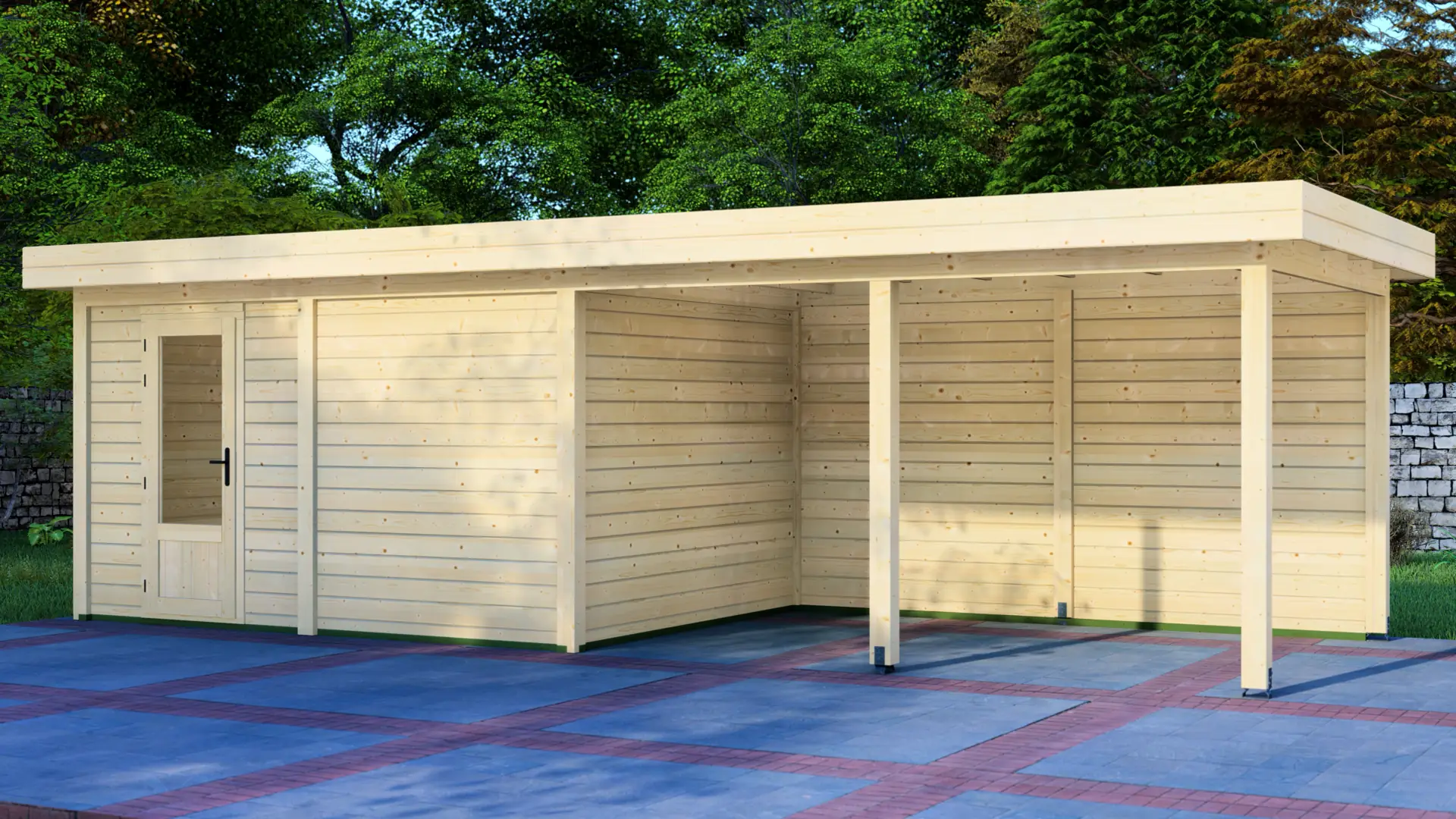 DSHouse dārza mājiņa 4x3m ar nojumi 4x3m - aizmugures skats Dārza mājiņa 4x3m ar nojumi 4x3m aizmugures siena ar horizontālu apšuvumu un plakanu jumtu, kas demonstrē modulāro konstrukciju.