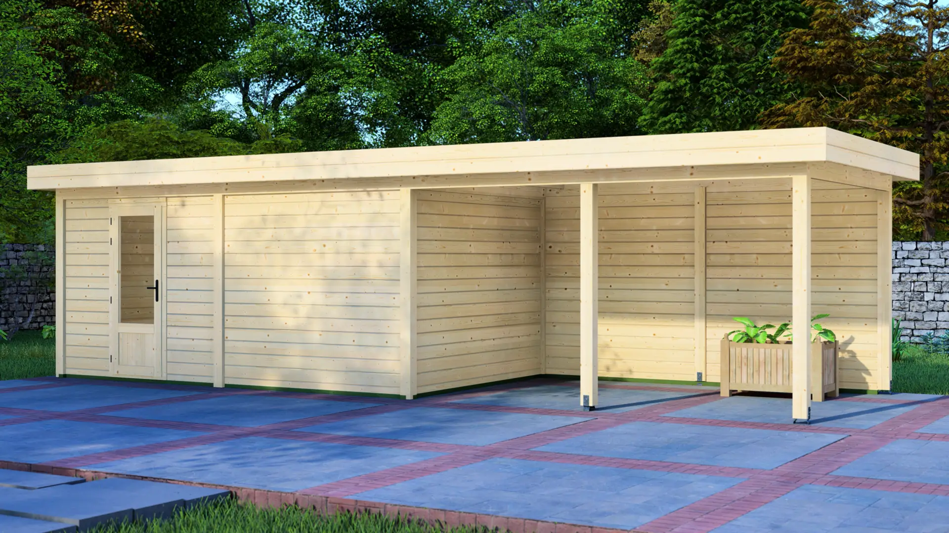 DSHouse dārza mājiņa 5x3m ar nojumi 4x3m - aizmugures skats Dārza mājiņa 5x3m ar nojumi 4x3m aizmugures siena ar horizontālu apšuvumu un plakanu jumtu, kas veido mierīgu un minimālu izskatu.