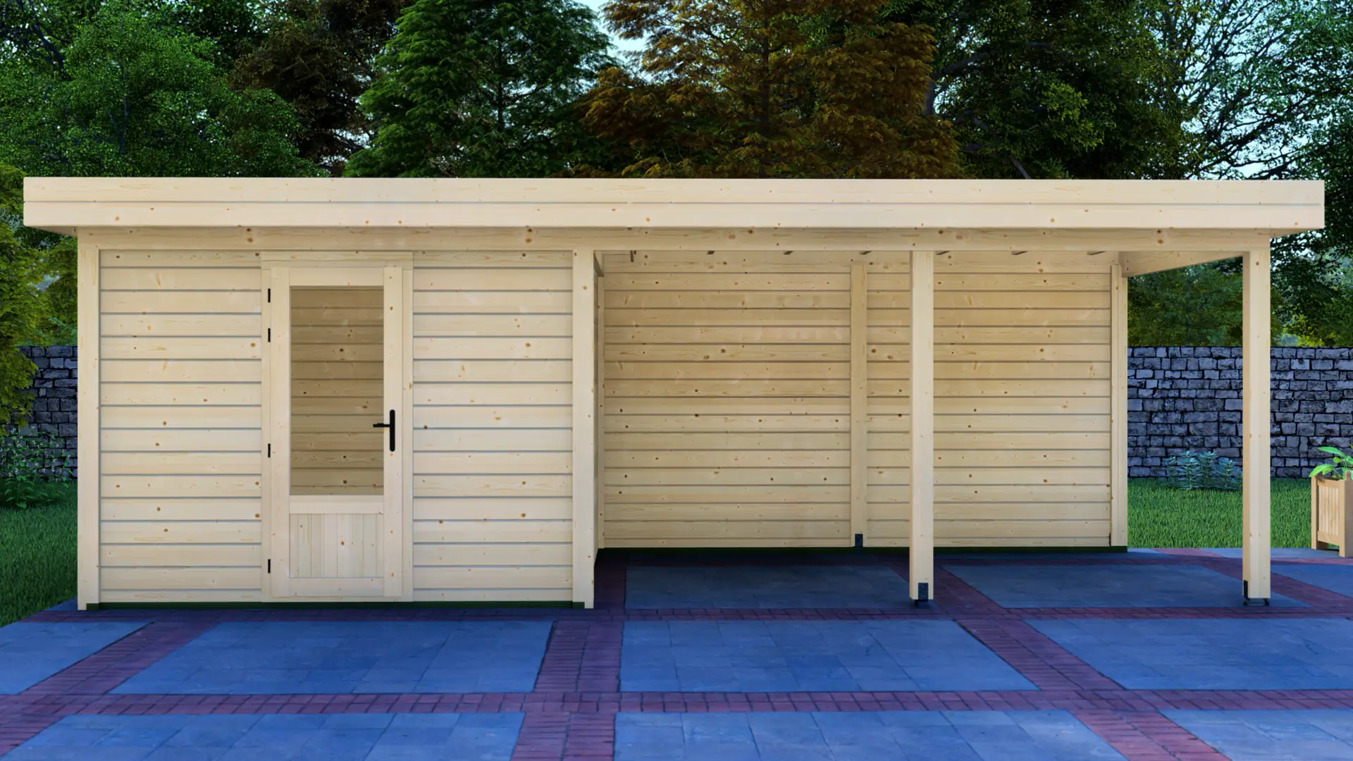 Dārza mājiņa 3x3m ar nojumi 4x3m - aizmugures skats Dārza mājiņa 3x3m ar nojumi 4x3m aizmugures siena ar horizontālu apšuvumu un plakanu jumtu, kas veido mierīgu un minimālu izskatu.