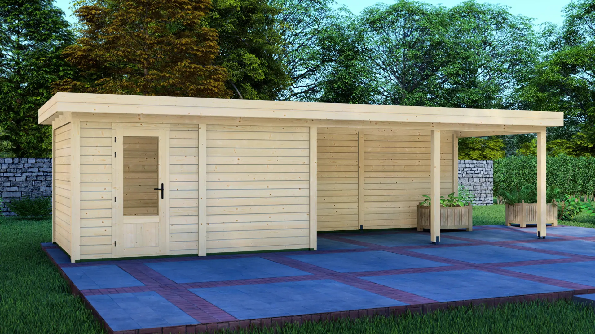 DSHouse dārza mājiņa 4x3m ar nojumi 5x3m - aizmugures skats Dārza mājiņa 4x3m ar nojumi 5x3m aizmugures siena ar horizontālu apšuvumu un plakanu jumtu, kas demonstrē modulāro konstrukciju.