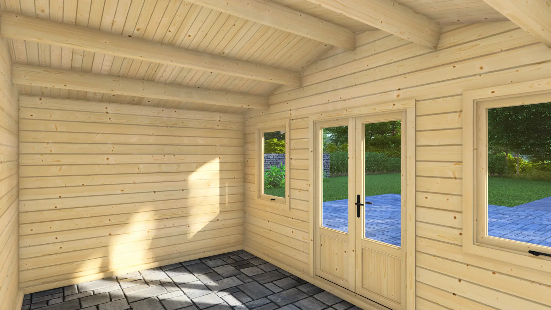 Dārza mājiņa "Delight" - 14 m² koka dārza mājiņa ar divslīpju jumtu Dārza mājiņa "Delight" ir 14 m² koka konstrukcija ar divslīpju jumtu un centrālajām dubultajām durvīm, kas nodrošina labu ventilāciju un dienasgaismu.