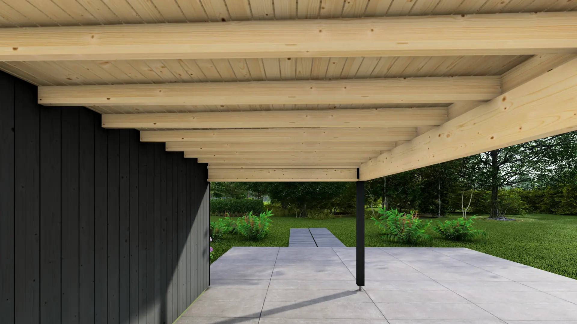 Dārza mājiņa "Frame" 3x3 + nojume 4x3 - DSHouse kvalitātes koka konstrukcija Dārza mājiņa "Frame" 3x3 + nojume 4x3 frontālais skats uz minimālistisku koka konstrukciju ar pagarinātu nojumi un vertikālu egleņu apšuvumu.