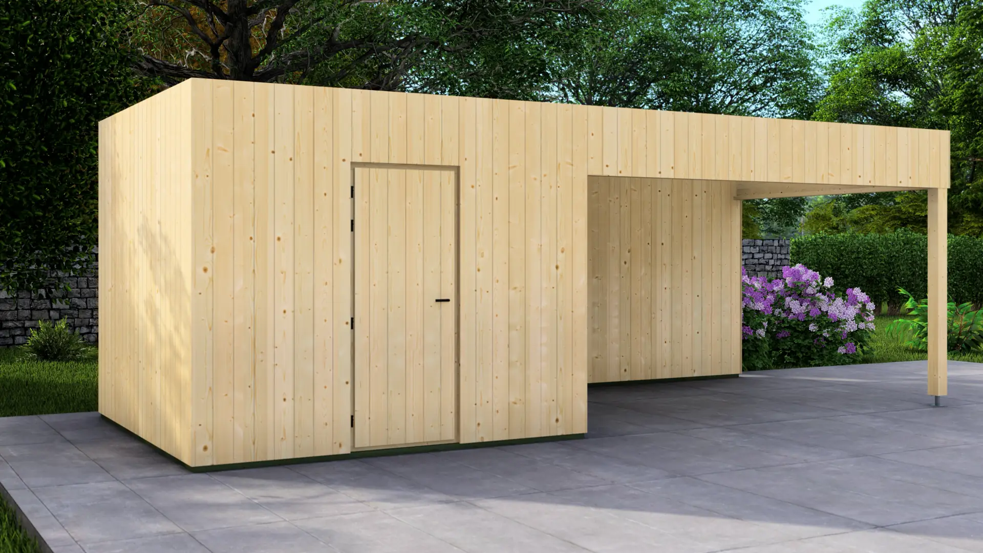 Dārza mājiņa "Frame" 3x3 + nojume 4x3 ar 18 m² kopējo apbūves laukumu Dārza mājiņa "Frame" 3x3 + nojume 4x3 ar tīru, minimālistisku koka dizainu un pagarinātu nojumi, kas rada plašāku aizsargātu zonu.