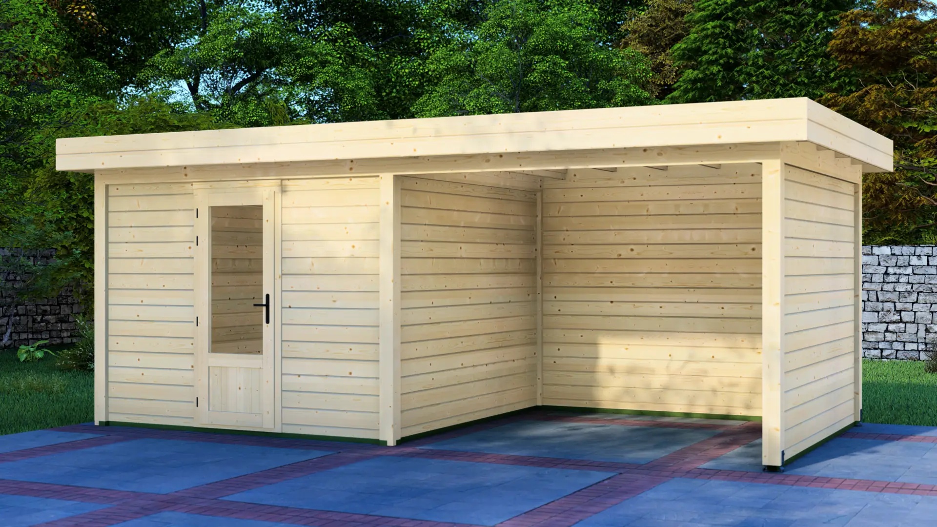 DSHouse dārza mājiņa 3x3m ar nojumi 3x3m - aizmugures un sienas skats Dārza mājiņa 3x3m ar nojumi 3x3m, kas parāda aizmugures un sānu sienu ar horizontālu apšuvumu un plakanu jumtu
