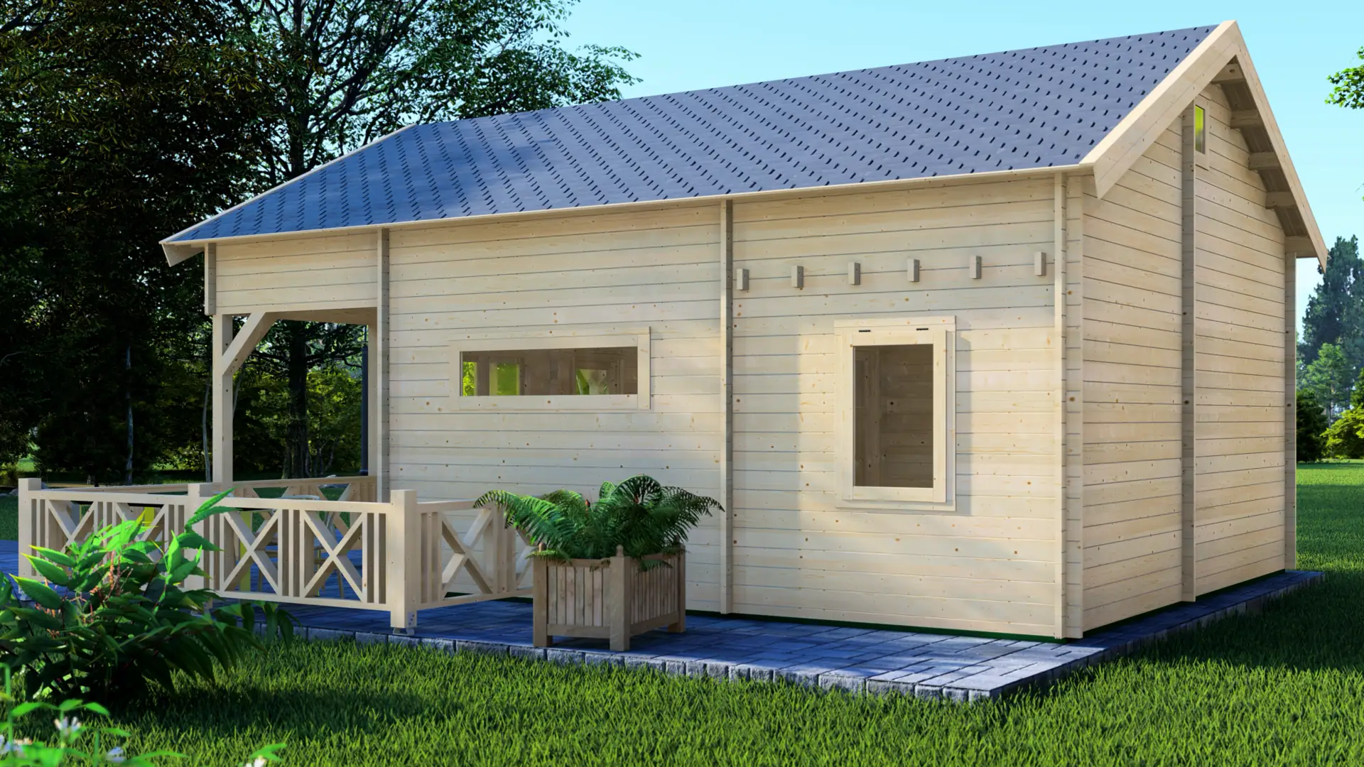 DSHouse dārza mājiņa "Pleasant" - 28 m² dzīvojamo platība un terase Dārza mājiņa "Pleasant" ar 28 m² dzīvojamo zonu un 17,7 m² terasi, kas būvēta no ziemeļu egles ar 44 mm sienas biezumu, priekšējā skats.