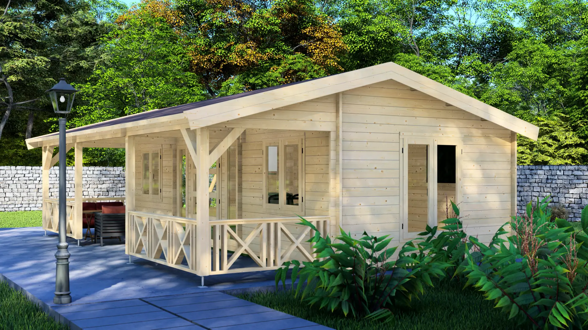Dārza māja "Glorious" - 53 m² koka āra mājiņa ar terasi Dārza māja "Glorious" ir 53 m² liela koka āra mājiņa ar 18,2 m² terasi, izgatavota no ziemeļu egles ar divslīpju jumtu.