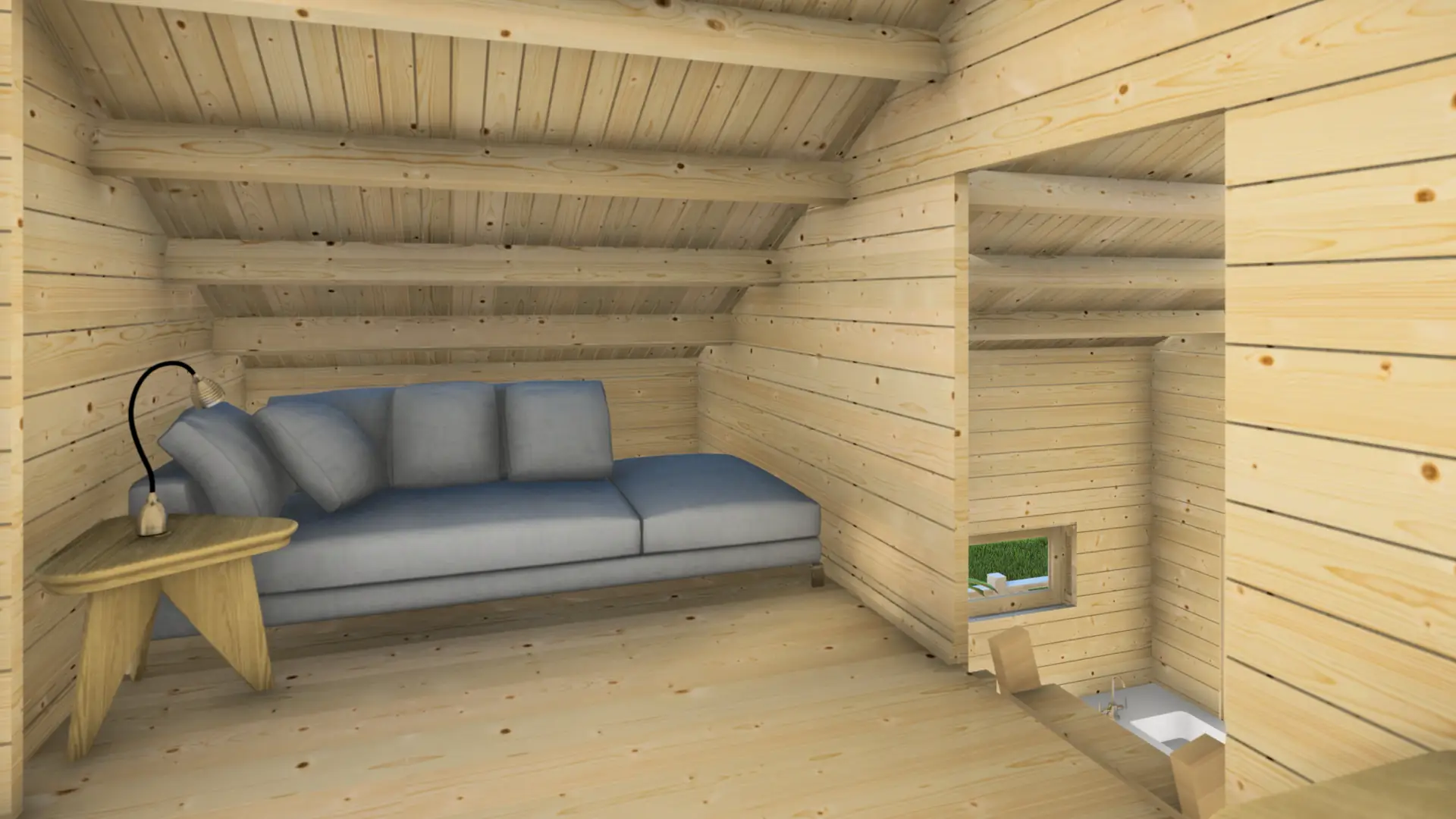 DSHouse dārza mājiņa "Pleasant" - 28 m² dzīvojama zona, 5,95 × 8,0 m apbūves laukums Dārza mājiņa "Pleasant" ar 28 m² dzīvojamo zonu un 17,7 m² terasi, būvēta no ziemeļu egles ar 44-68 mm sienas biezumu