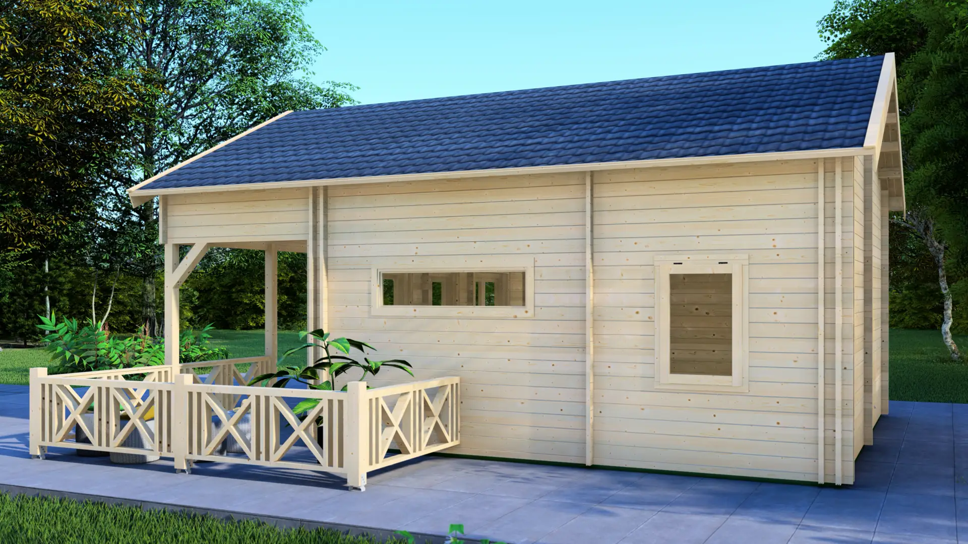 DSHouse dārza mājiņa "Pleasant" - kvalitatīva koka konstrukcija ar terasi Dārza mājiņa "Pleasant" ar 28 m² dzīvojamo zonu un 17,7 m² terasi, būvēta no ziemeļu egles ar 44 mm sienas biezumu, priekšējā skats.