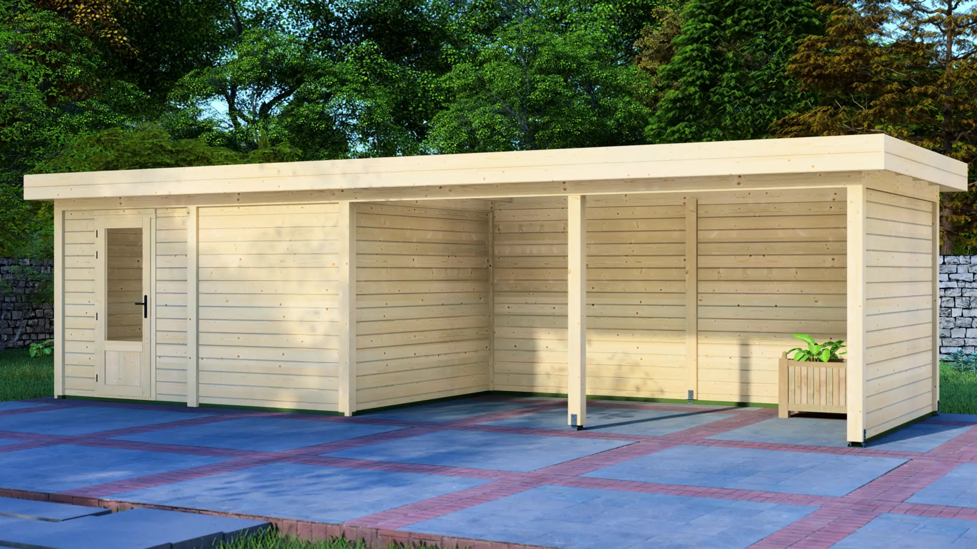 Dārza mājiņa 4x3m ar nojumi 5x3m - aizmugures un sānu sienas skats Dārza mājiņa 4x3m ar nojumi 5x3m aizmugures sienas un sānu sienas skats ar horizontālu apšuvumu un plakanu jumtu