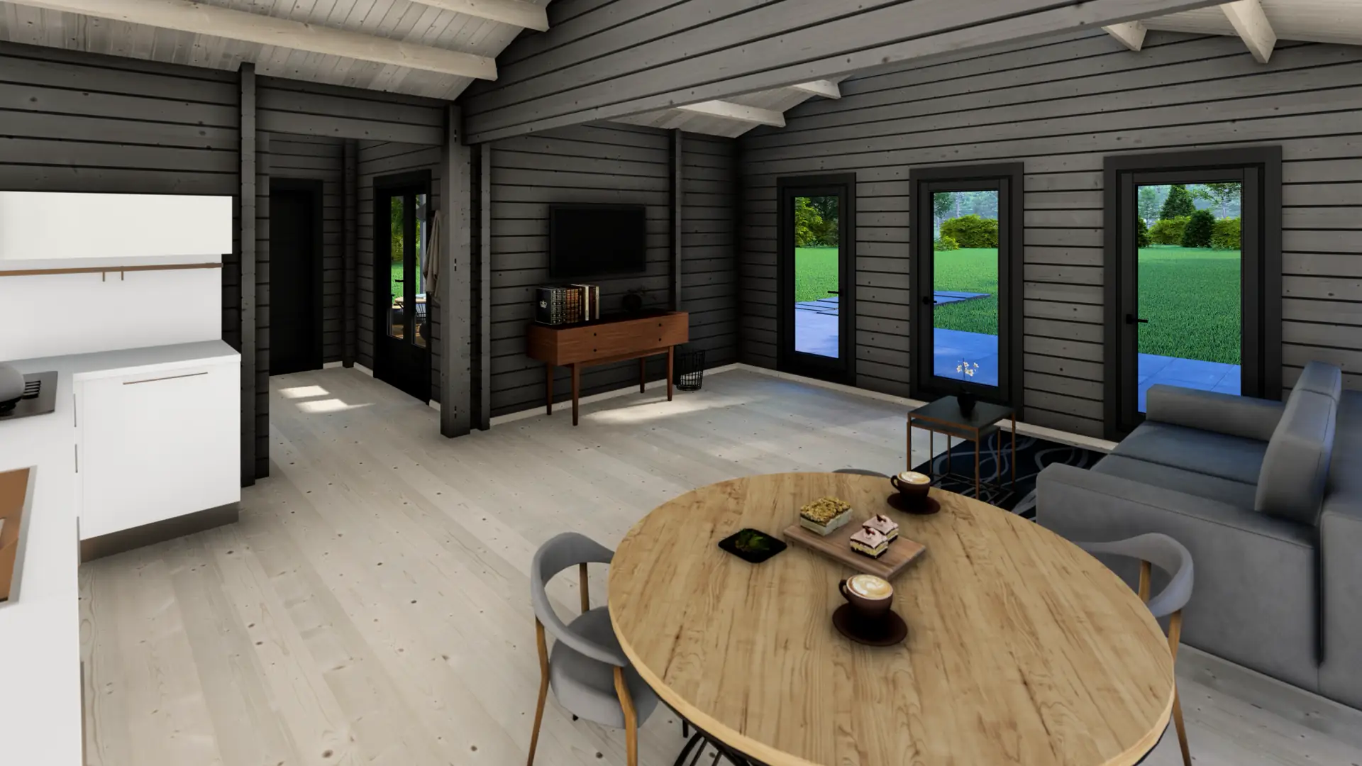 Dārza māja "Jolly" - 58 m² divslīpju jumta mājiņa ar 46 m² dzīvojamo platību un 12 m² terasi Dārza māja "Jolly" ar 58 m² divslīpju jumtu un 68 mm biezām sienām, kas pagarina izmantošanas sezonu, priekšējā skats ar nosegto terasi.