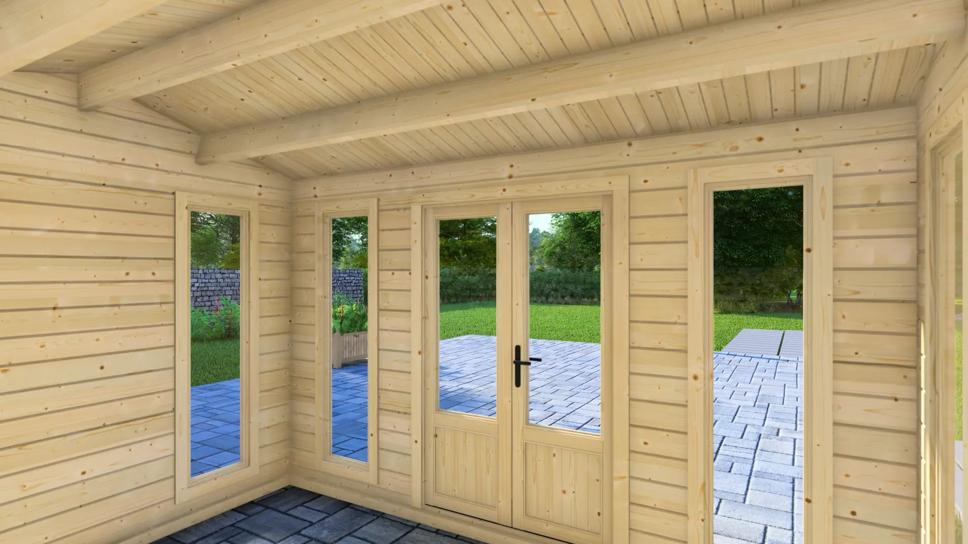 Dārza mājiņa "Pleasure" - 12m² vienistabas atpūtas telpa ar ziemeļu egles sienām Dārza mājiņa "Pleasure" ar divslīpju jumtu un četriem pilna augstuma logiem, kas nodrošina gaišumu kompaktā 4×3m apbūves laukumā.