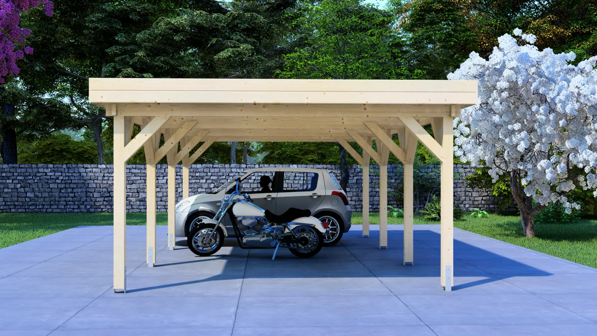 Koka nojume "Classic" 7×4 ar plakanu jumtu - DSHouse Latvijas ražotājs Koka nojume "Classic" 7×4 ar plakanu jumtu, kas parāda automašīnu nojumes priekšējo skatu ar ziemeļu egles koka konstrukciju un plakano jumtu.
