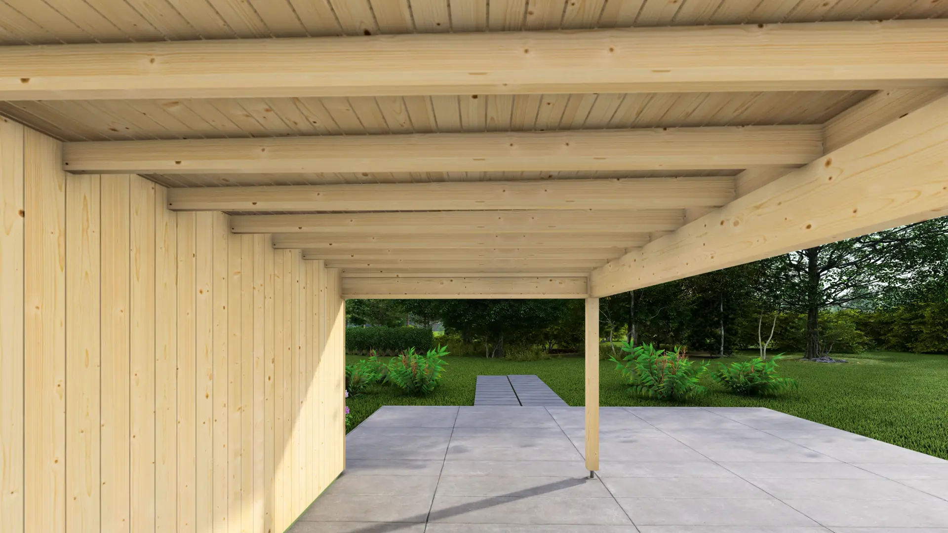 Dārza mājiņa "Frame" 3x3 + nojume 4x3 - augstas kvalitātes koka konstrukcija Dārza mājiņa "Frame" 3x3 + nojume 4x3 ar tīru, minimālistisku koka dizainu un pagarinātu nojumi, kas rada plašāku aizsargātu zonu.
