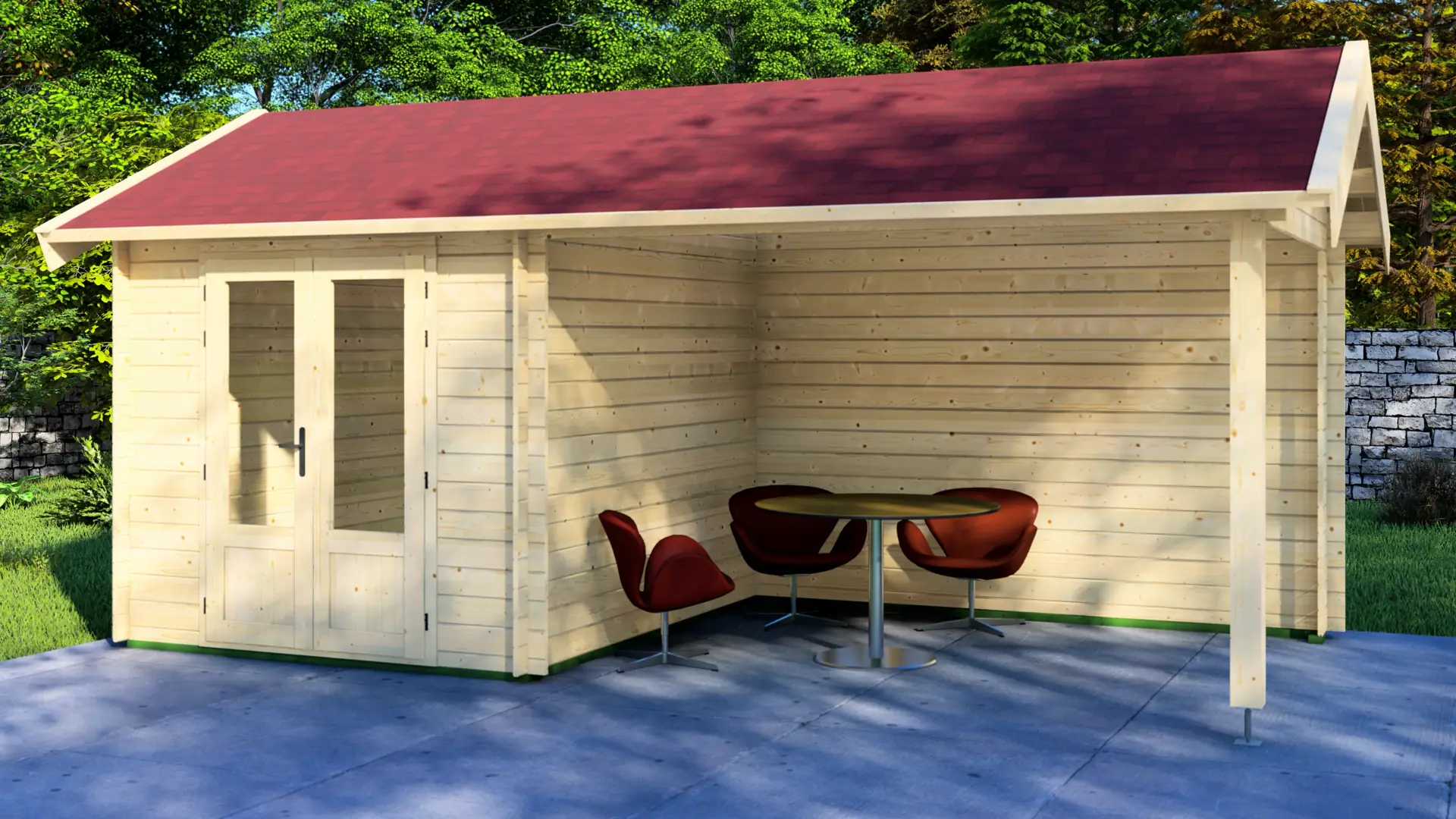 Dārza mājiņa “Serene” — kompakta guļbūve ar terasi no DSHouse Dārza mājiņa “Serene” ar 9m² segtu terasi un 6,4m² iekštelpu, izgatavota no ziemeļu egles ar divslīpju jumtu.