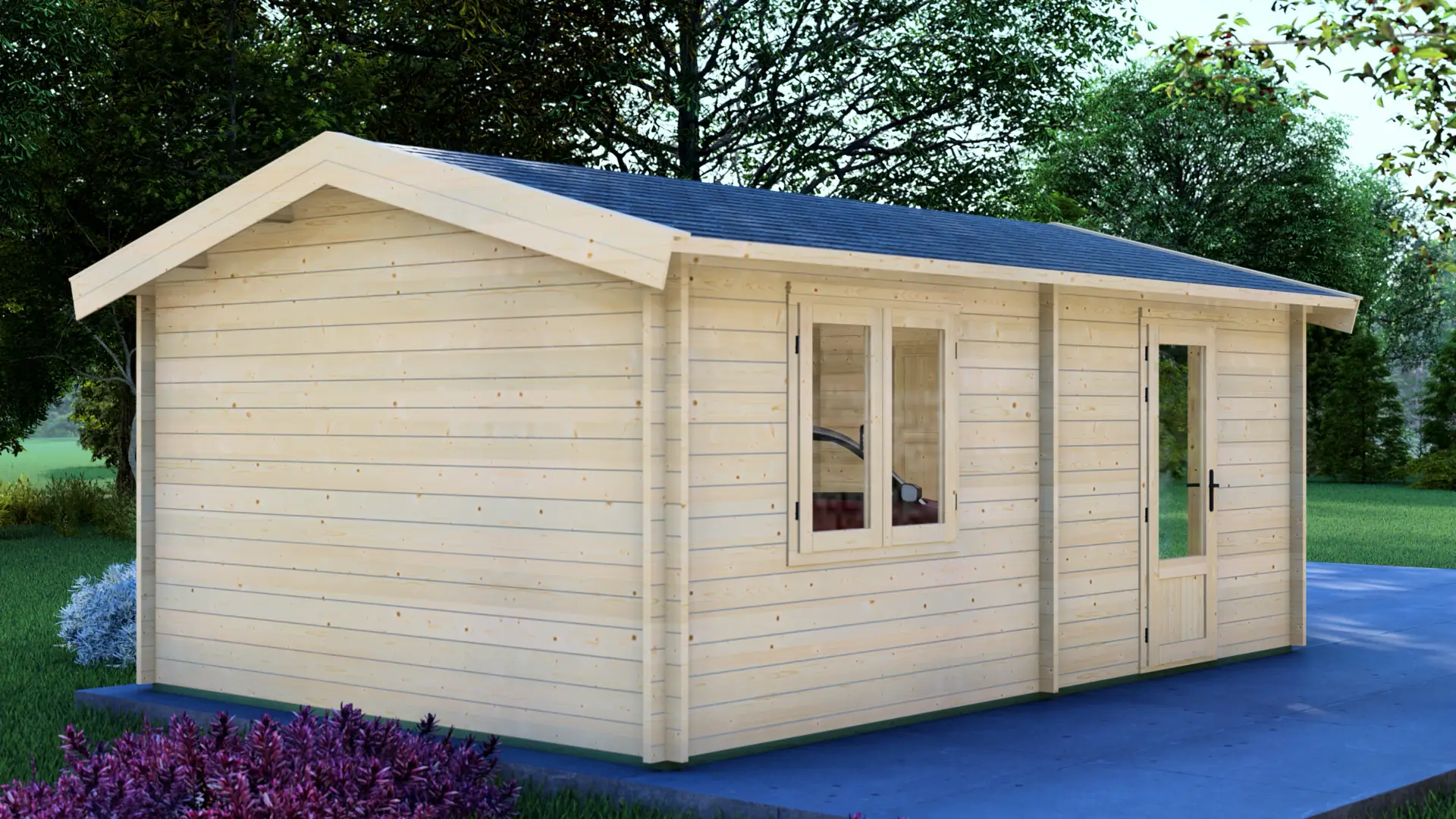 Koka garāža "Stable" 6x4 ar divslīpju jumtu no DSHouse Koka garāža "Stable" 6x4 ar divslīpju jumtu, kas izgatavota no 44 mm ziemeļu egles dēļiem, ar kopējo izmēru 4,00 m × 5,95 m, piemērota vienai automašīnai ar uzglabāšanas vietu.