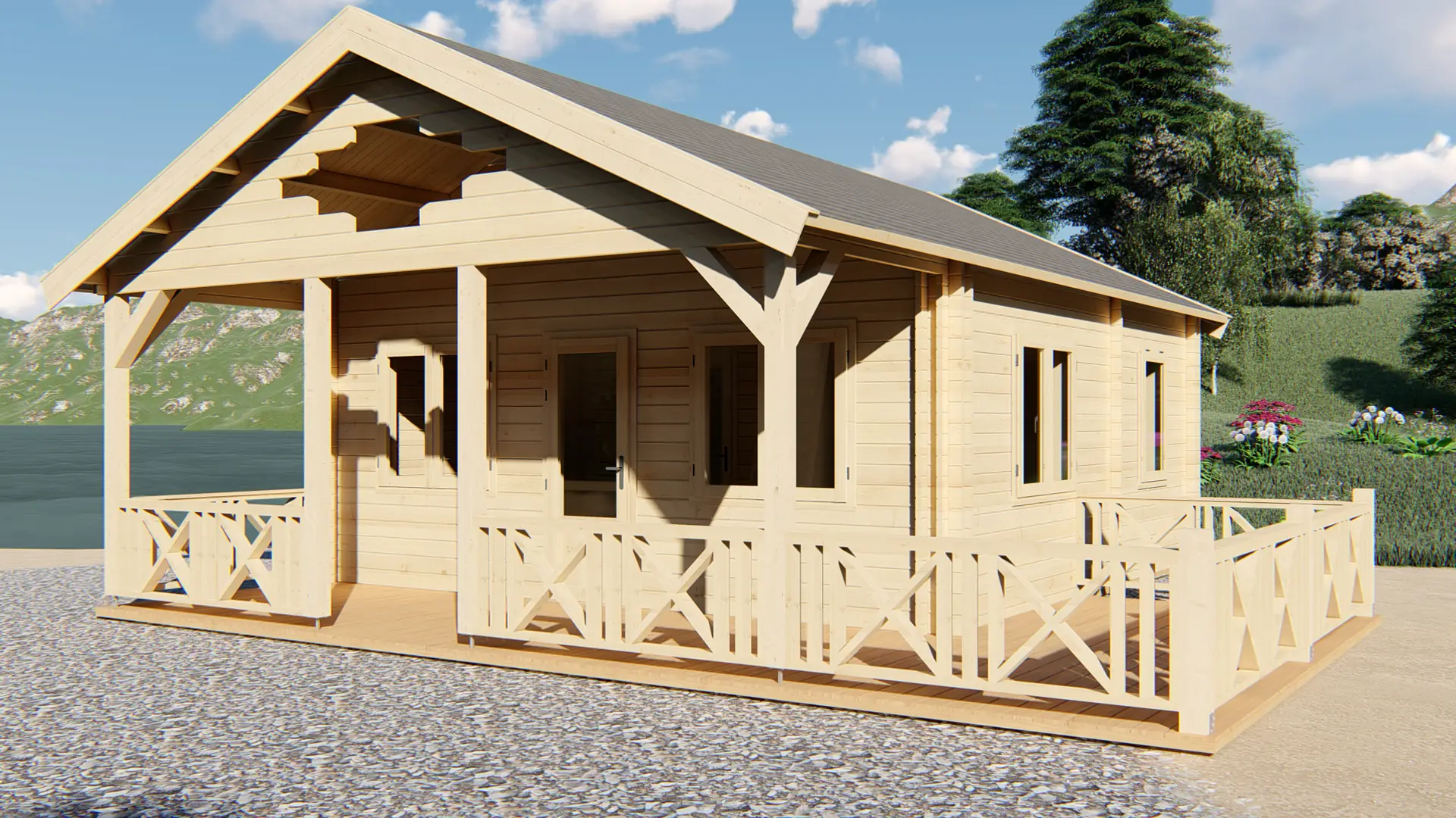Dārza mājiņa "Pleasant" - 28 m² dzīvojama zona, 14 m² pusstāvs un 17,7 m² terasa Dārza mājiņa "Pleasant" ar 28 m² dzīvojamo zonu pirmajā stāvā, 14 m² pusstāvu un 17,7 m² terasi ar jumtu, būvēta no ziemeļu egles.