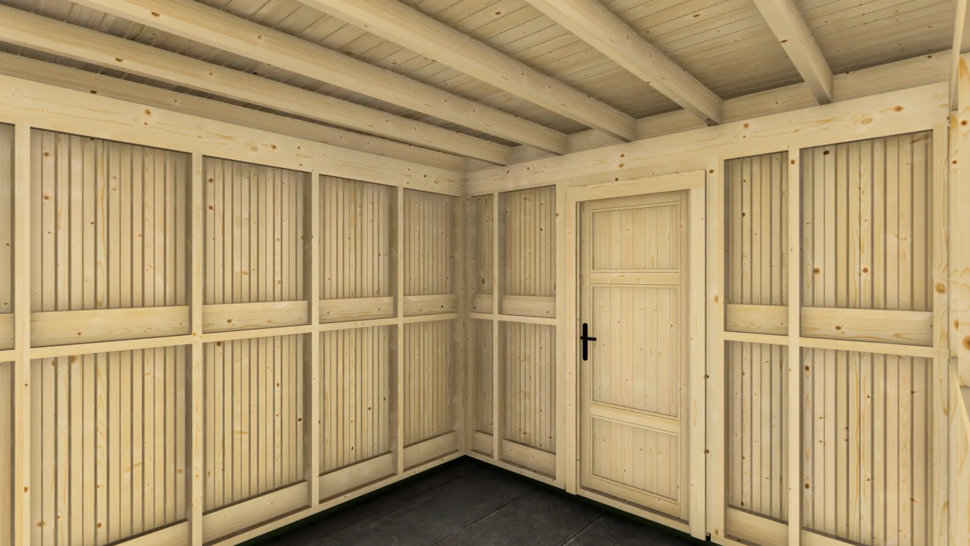Dārza mājiņa "Frame" 3x3 + nojume 4x3 ar 18 m² kopējo apbūves laukumu Dārza mājiņa "Frame" 3x3 + nojume 4x3 ar tīru, minimālistisku koka dizainu un pagarinātu nojumi, kas rada plašāku aizsargātu zonu.