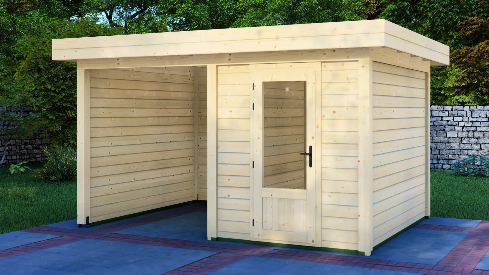 Dārza mājiņa 2x3m ar nojumi 2x3m - aizmugures un sānu sienas skats Dārza mājiņa 2x3m ar nojumi 2x3m aizmugures un sānu sienas skats ar horizontālu apšuvumu un plakanu jumtu