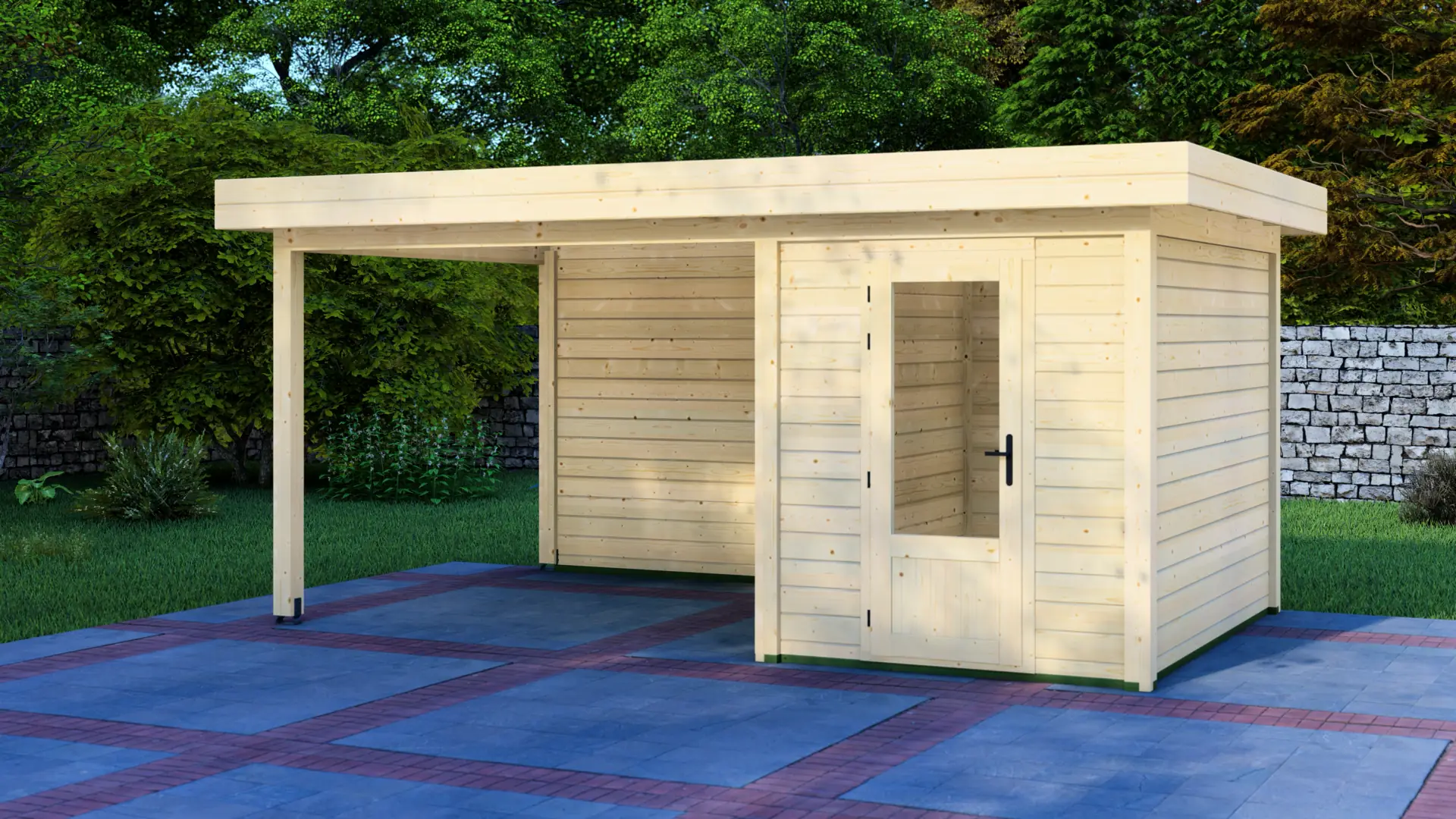 DSHouse dārza mājiņa 2x3m ar nojumi 3x3m - aizmugures sienas skats Dārza mājiņa 2x3m ar nojumi 3x3m aizmugures sienas skats ar horizontālu apšuvumu un plakanu jumtu