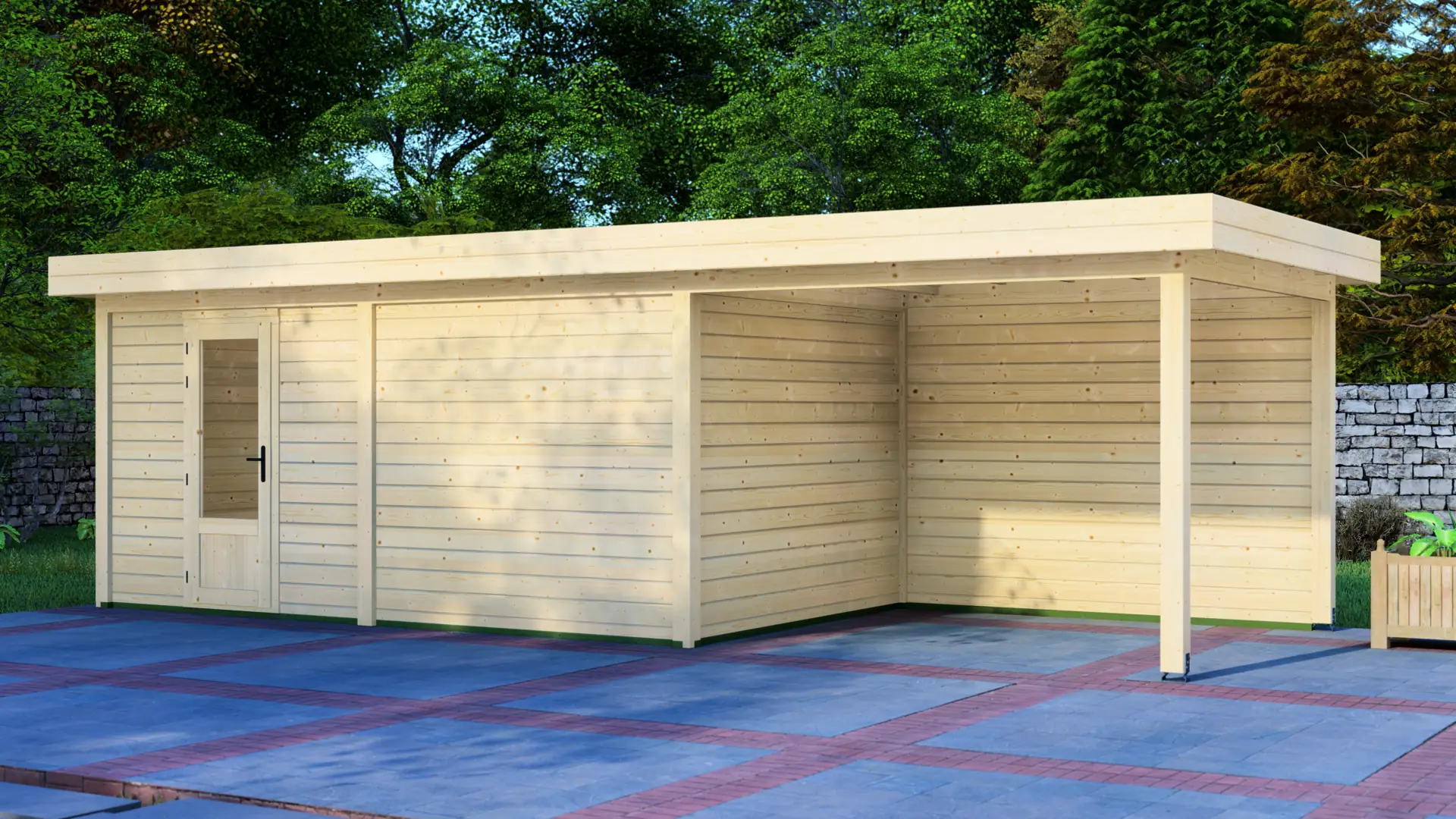 Dārza mājiņa 5x3m ar nojumi 3x3m - aizmugures skats Dārza mājiņa 5x3m ar nojumi 3x3m aizmugures skats uz horizontāli apšūtu ziemeļu egles konstrukciju ar plakanu jumtu un pielāgojamām sienām.