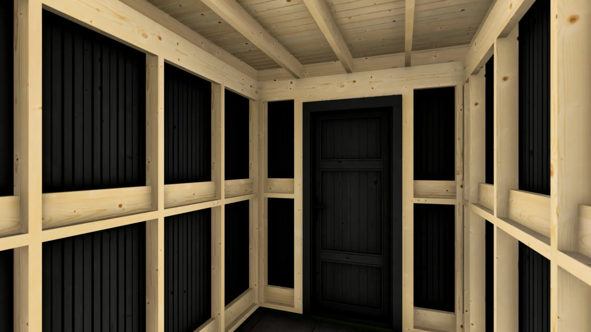 Dārza mājiņa "Frame" 2x3 + nojume 4x3 ar egle apšuvumu Dārza mājiņa "Frame" 2x3 + nojume 4x3 ar minimālistisku koka dizainu un pagarinātu nojumi, kas rada 18 m² aizsargātu zonu.