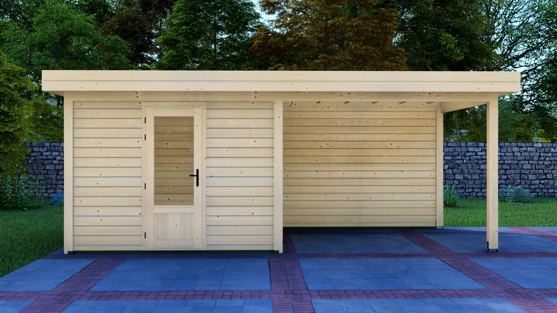 DSHouse dārza mājiņa 3x3m ar nojumi 3x3m - aizmugures sienas skats Dārza mājiņa 3x3m ar nojumi 3x3m aizmugures sienas skats ar horizontālu apšuvumu un plakanu jumtu