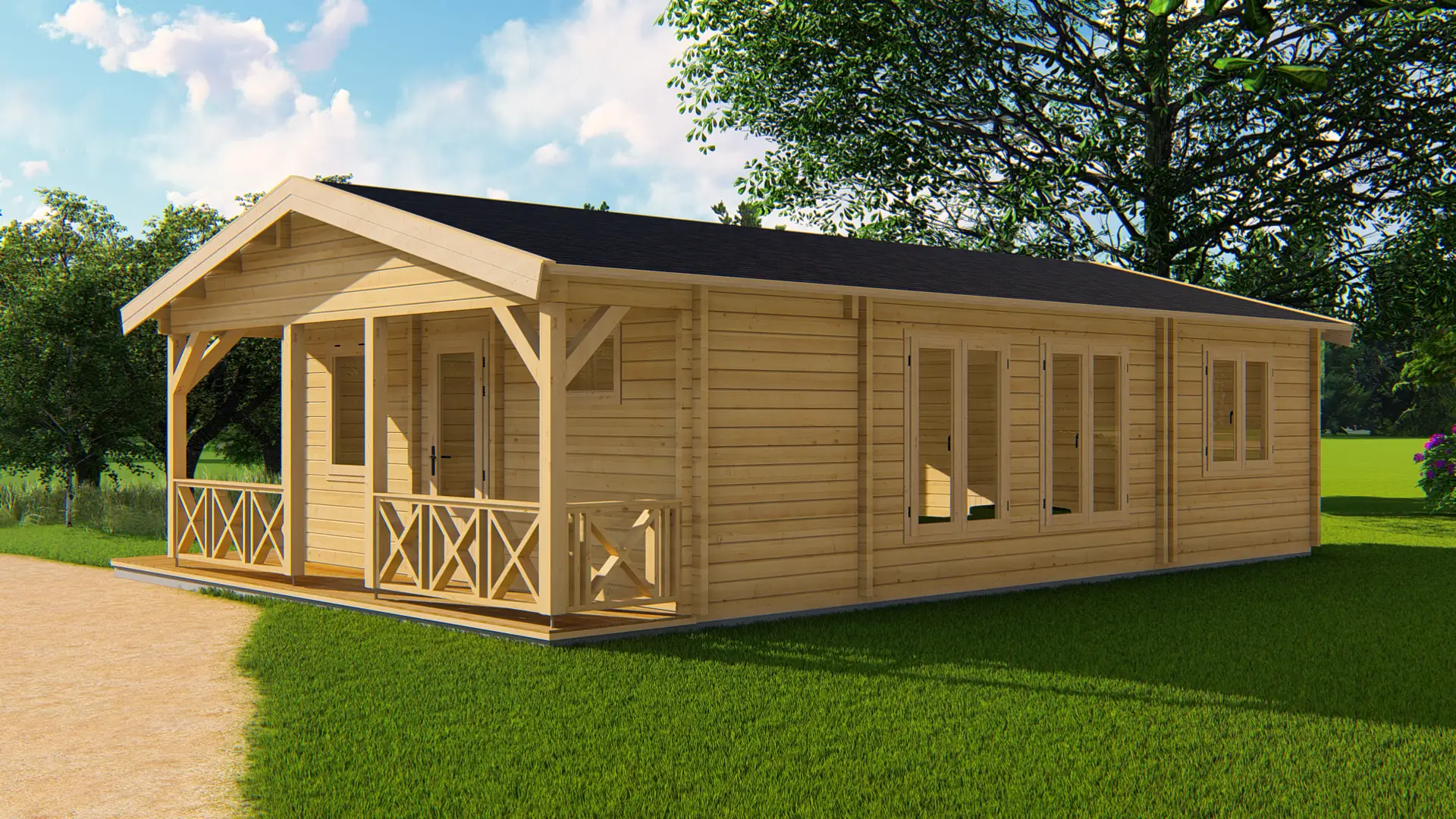DSHouse dārza māja "Hopeful" - 45,2 m² ar četrām zonām un terasi Dārza māja "Hopeful" ar 45,2 m² platību, kas sadalīta četrās zonās un aprīkota ar terasi, izgatavota no ziemeļu egles ar 68 mm sienām visgadīgai lietošanai.