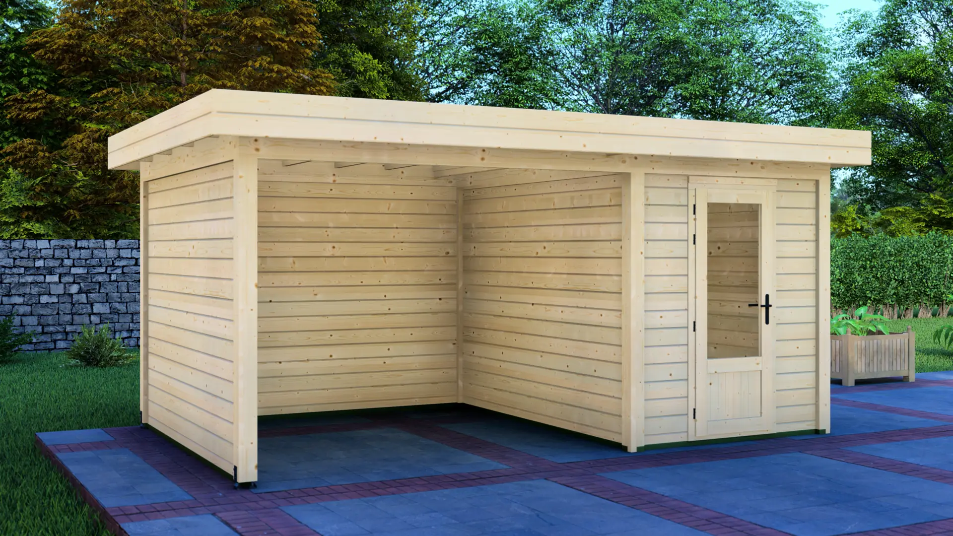 DSHouse dārza mājiņa 2x3m ar nojumi 3x3m: aizmugures un sānu sienas skats Dārza mājiņa 2x3m ar nojumi 3x3m parāda aizmugures sienas un sānu sienas skatu uz modulāru ziemeļu egles konstrukciju ar horizontālu apšuvumu un plakanu jumtu.