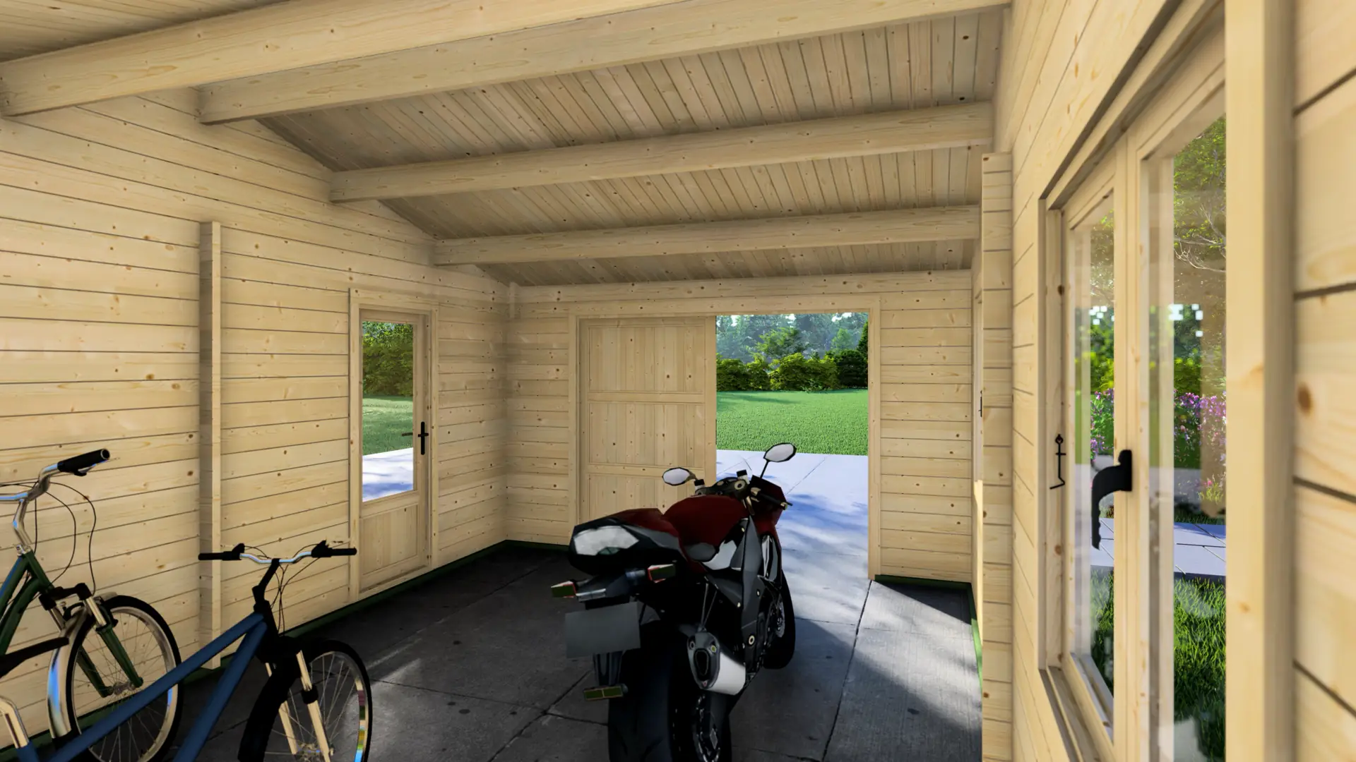 Koka garāža "Able" + nojume 9.5×6 - DSHouse kvalitātes koka konstrukcija Koka garāža "Able" + nojume 9.5×6 parāda augstas kvalitātes ziemeļu egles konstrukciju ar divslīpju jumtu un kopējo izmēru 5,95 m × 9,50 m.