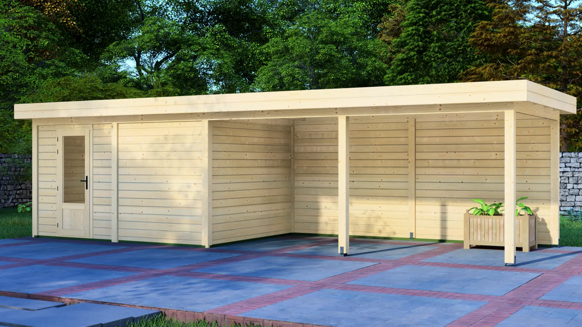 DSHouse dārza mājiņa 4x3m ar nojumi 5x3m - aizmugures skats Dārza mājiņa 4x3m ar nojumi 5x3m aizmugures skats uz ziemeļu egles konstrukciju ar horizontālu apšuvumu un plakanu jumtu