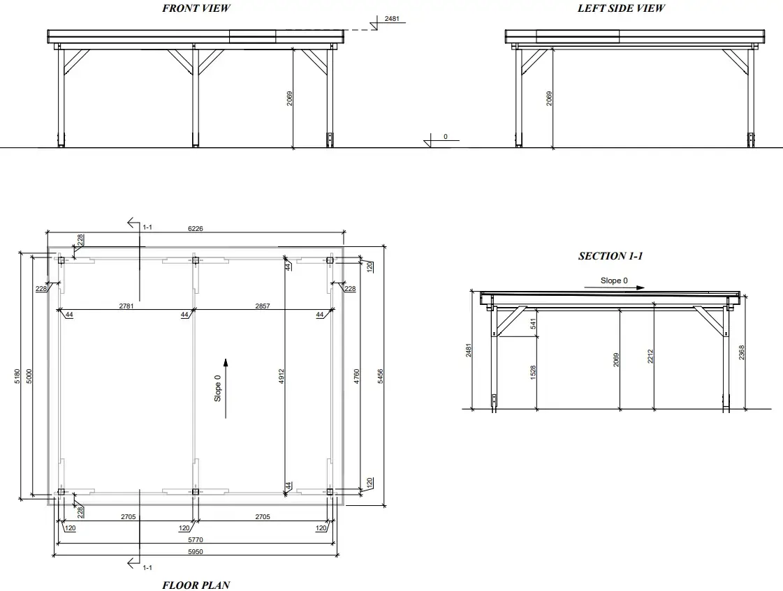 Koka nojume "Classic Double" 6×5 ar plakanu jumtu plāns un izmēri Koka nojume "Classic Double" 6×5 ar plakanu jumtu plāns ar izmēriem un izkārtojumu, kas parāda vietu divām automašīnām vai transportlīdzeklim ar darbnīcas zonu.