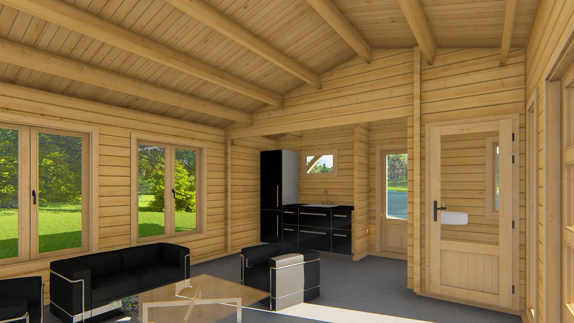 Dārza māja "Hopeful" - 45,2 m² koka konstrukcija ar terasi un astoņiem logiem Dārza māja "Hopeful" ar 45,2 m² platību, izgatavota no ziemeļu egles ar 68 mm sienām, priekšējā fasāde ar astoņiem logiem un terasi.