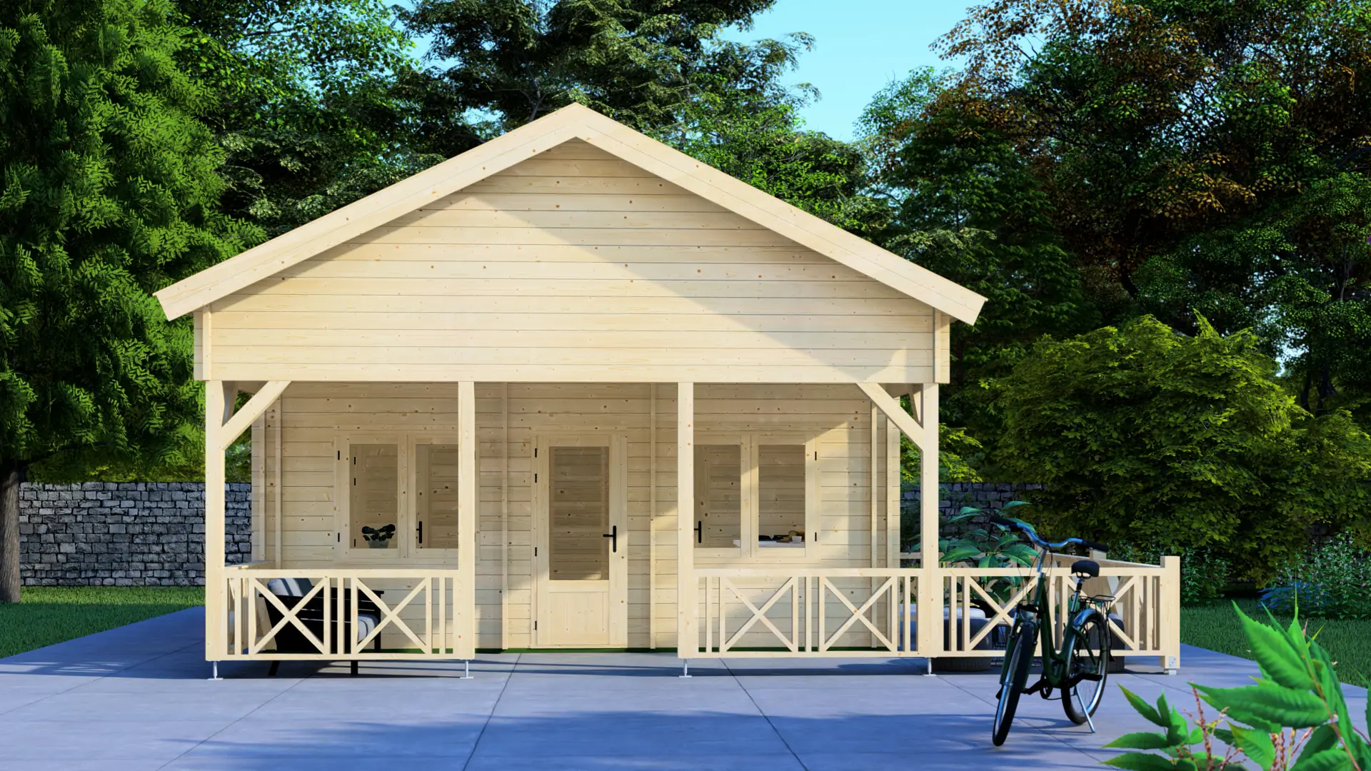 DSHouse dārza mājiņa "Pleasant" - 28 m² dzīvojamo zonu un terase ar jumtu Dārza mājiņa "Pleasant" ar 28 m² dzīvojamo zonu un 17,7 m² terasi ar jumtu, kas būvēta no ziemeļu egles ar 44 mm sienas biezumu.
