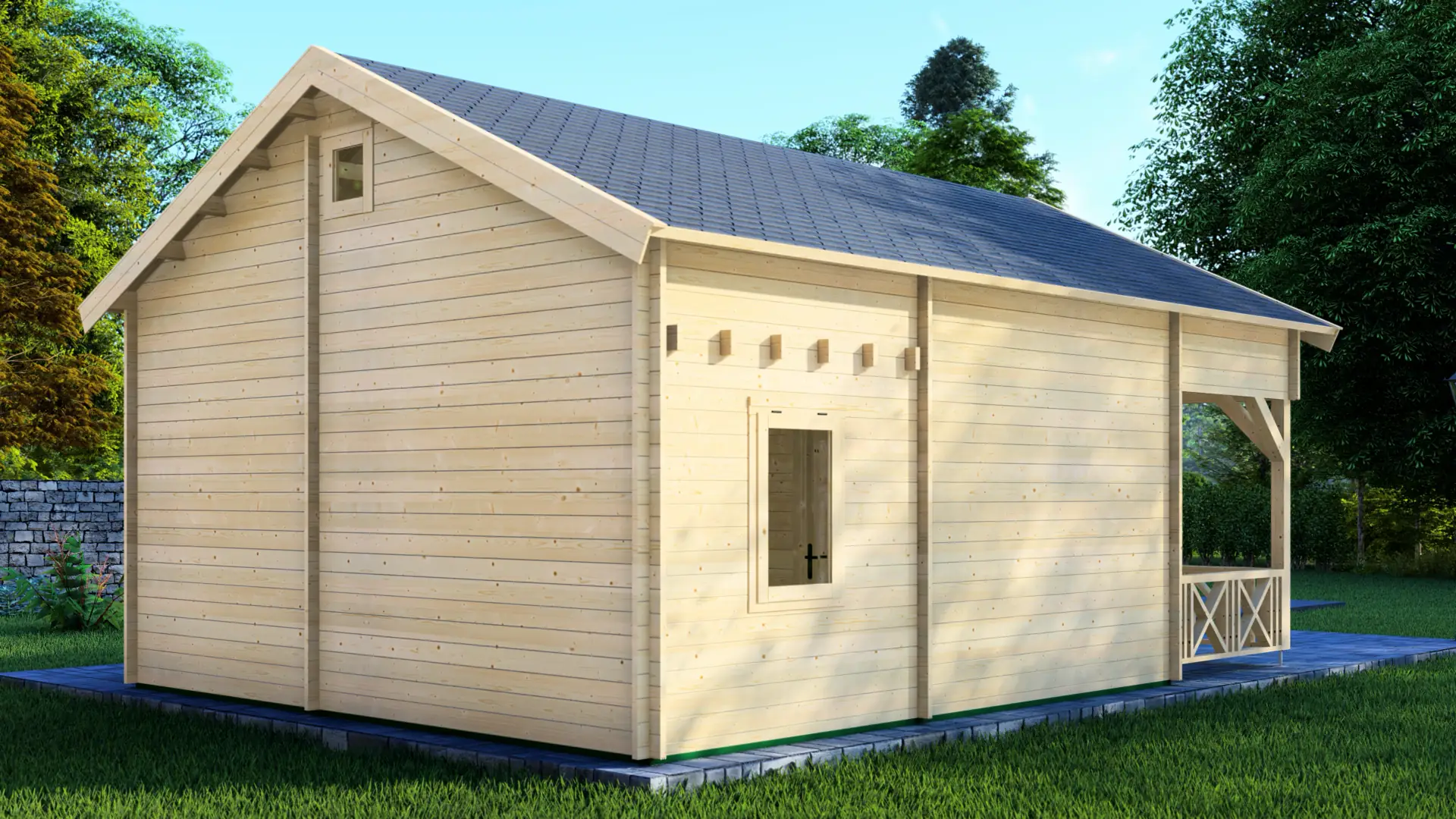 DSHouse dārza mājiņa "Pleasant" - 28 m² dzīvojamo platība ar terasi Dārza mājiņa "Pleasant" ar 28 m² dzīvojamo zonu un 17,7 m² terasi, būvēta no ziemeļu egles ar 44 mm sienas biezumu, priekšējais skats