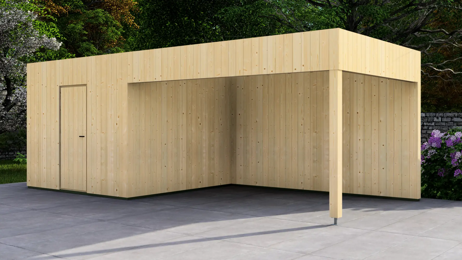 Dārza mājiņa "Frame" 3x3 + nojume 4x3 - DSHouse kvalitātes koka konstrukcija Dārza mājiņa "Frame" 3x3 + nojume 4x3 ar minimālistisku koka dizainu, pagarinātu nojumi un vertikālu egleņu apšuvumu.