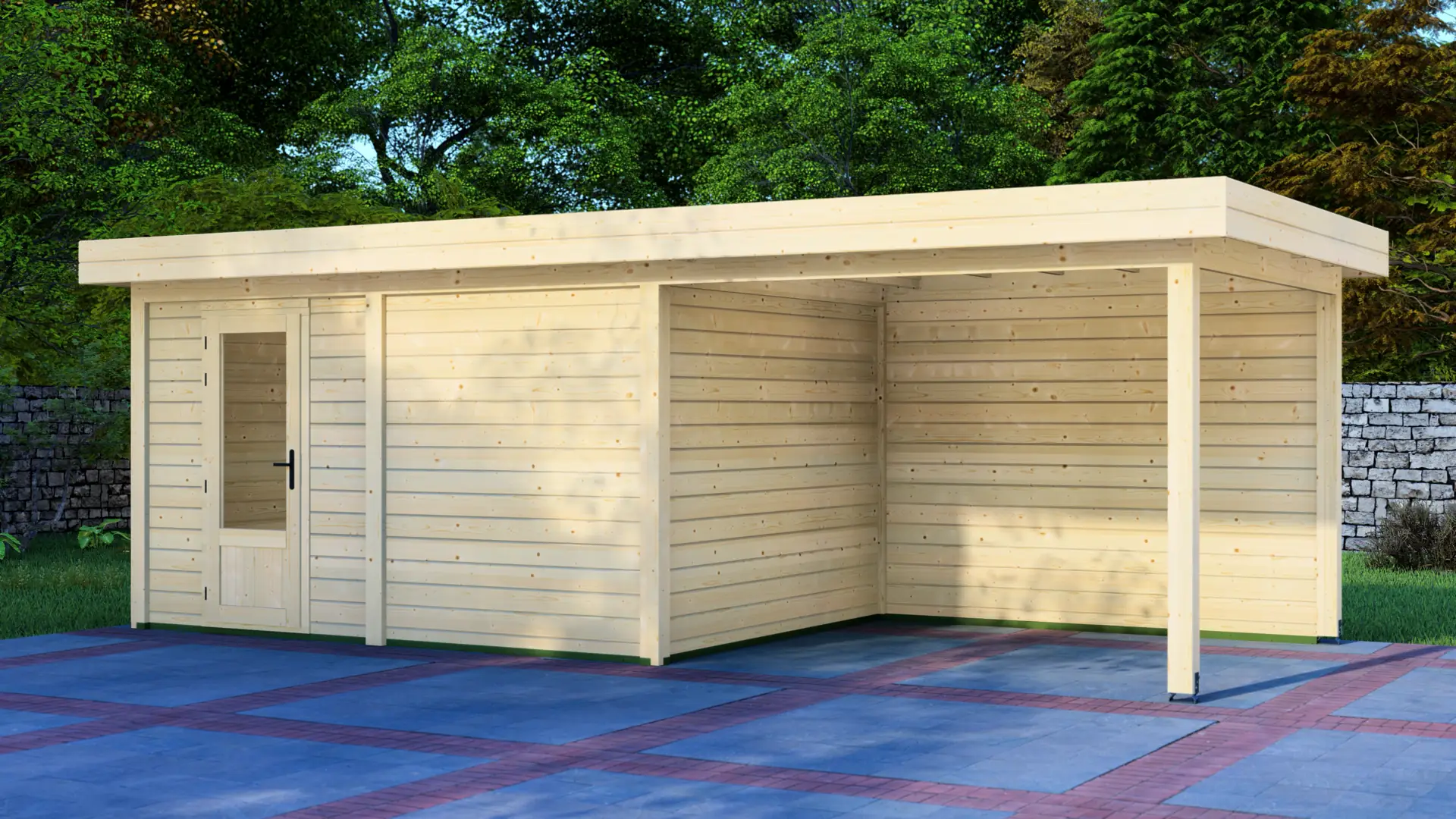 DSHouse dārza mājiņa 4x3m ar nojumi 3x3m - aizmugures skats Dārza mājiņa 4x3m ar nojumi 3x3m aizmugures siena ar horizontālu apšuvumu un plakanu jumtu, kas veido mierīgu un minimālu izskatu.