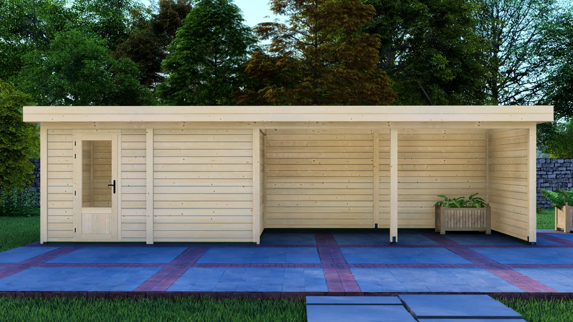 DSHouse dārza mājiņa 4x3m ar nojumi 5x3m - aizmugures sienas un sānu sienas skats Dārza mājiņa 4x3m ar nojumi 5x3m aizmugures sienas un sānu sienas skats ar horizontālu apšuvumu un plakanu jumtu